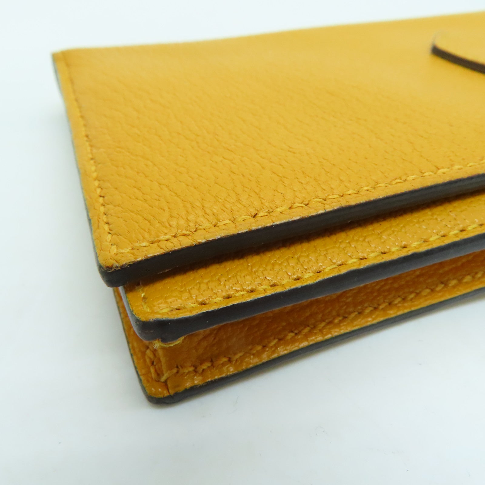 HERMES Chevre皮革Bearn bi-fold银扣长钱包Mango/黄色
