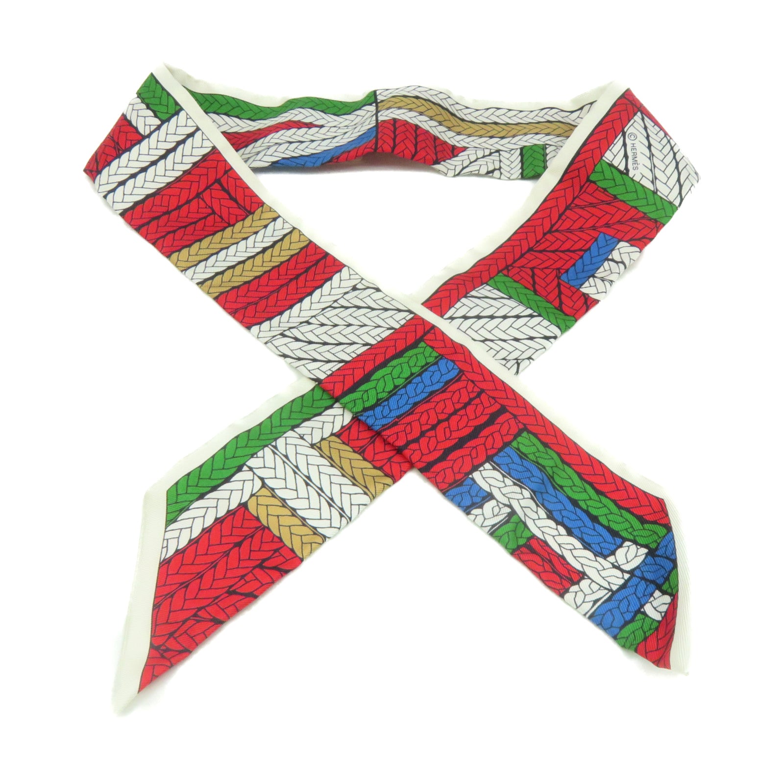 HERMES 絲質Twilly Scarf絲巾紅色/白色/綠色/啡色