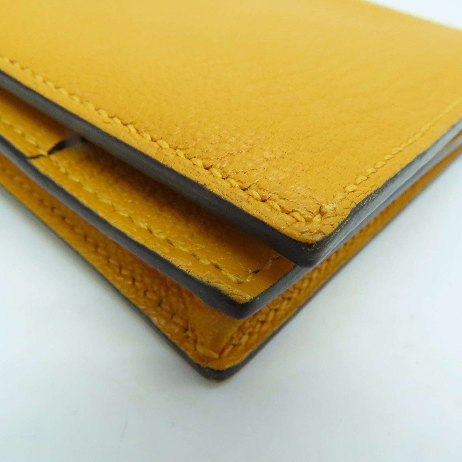HERMES Chevre皮革Bearn bi-fold银扣长钱包Mango/黄色