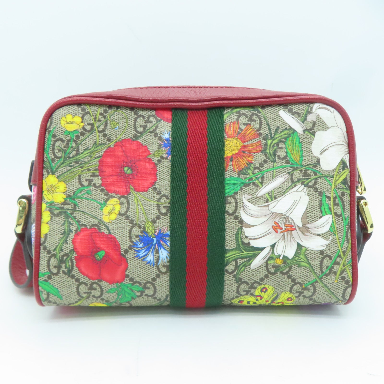GUCCI 塗層帆布Ophidia GG Supreme Floral Shoulder金扣肩背袋啡色/紅色