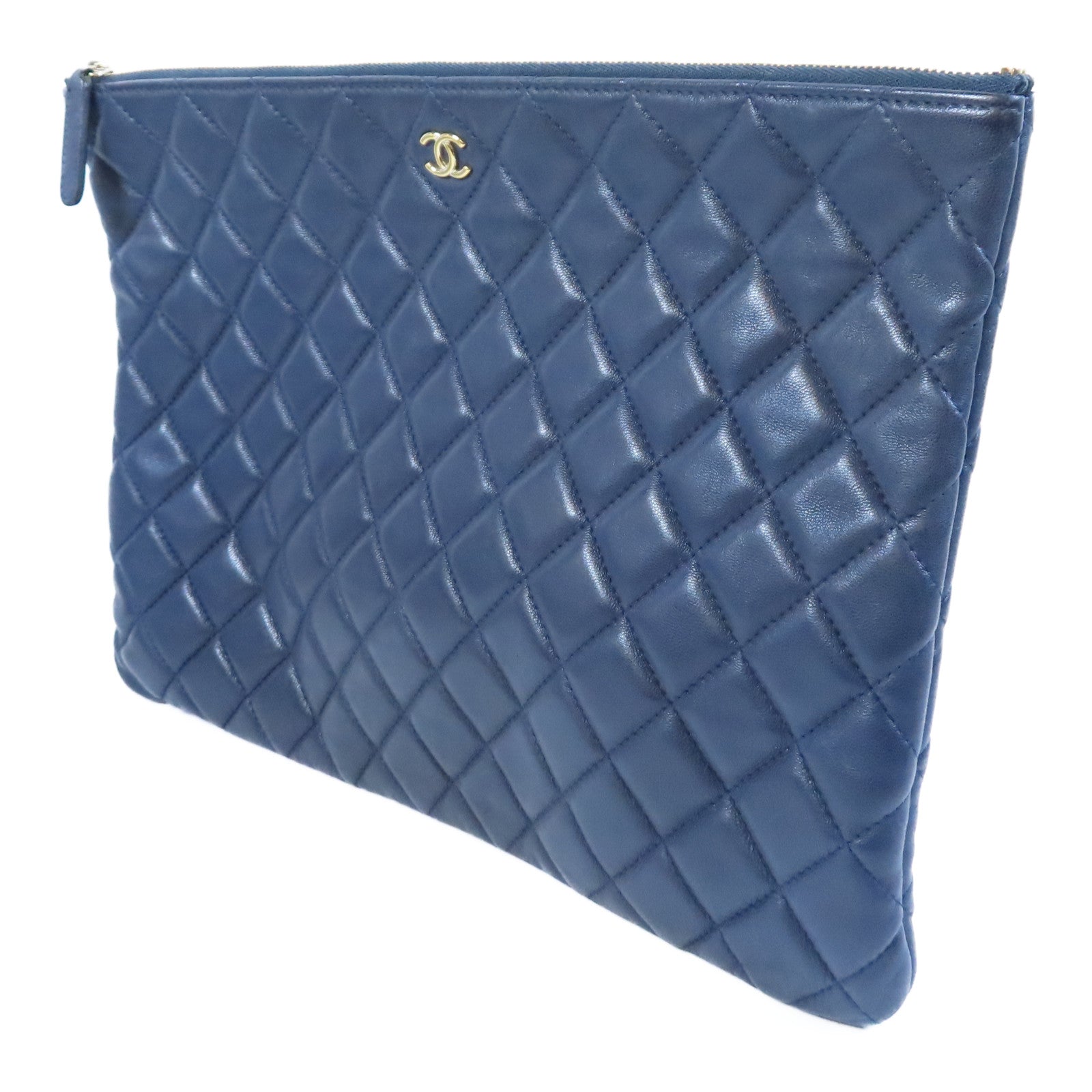 CHANEL 菱格羊皮皮革Pouch Bag金扣手拿包深藍色