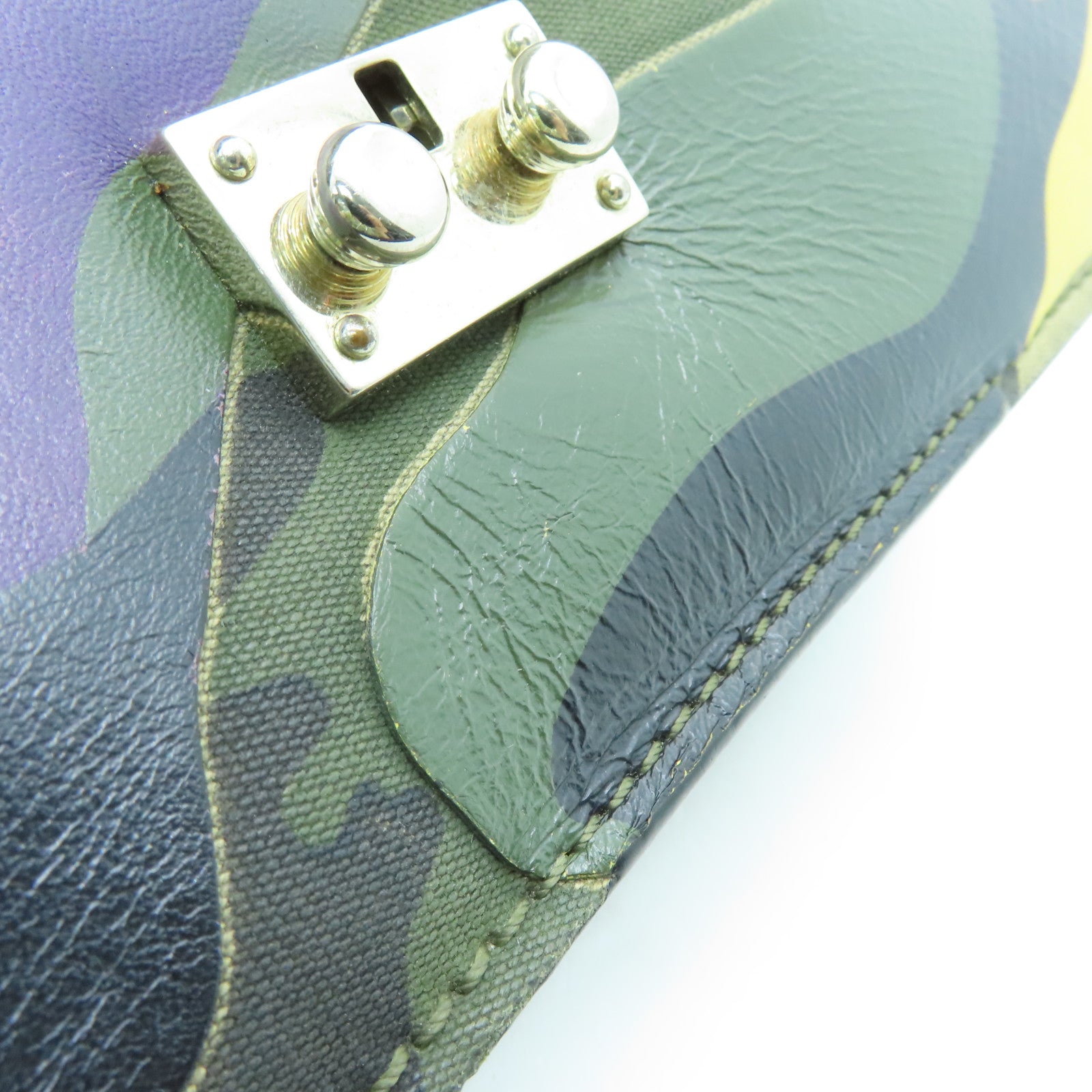 Valentino Leather GLAM Lock Gold Buckle Shoulder Bag Green/Multicolor