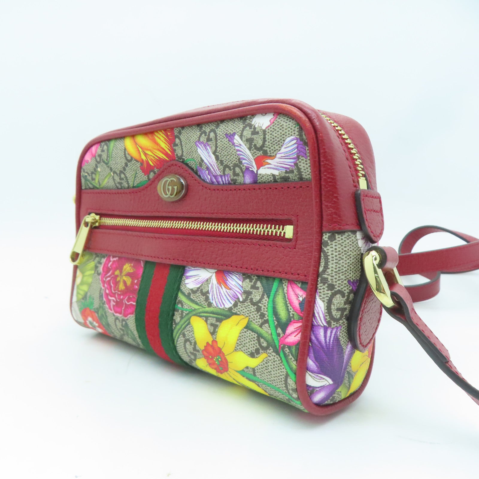 GUCCI 塗層帆布Ophidia GG Supreme Floral Shoulder金扣肩背袋啡色/紅色