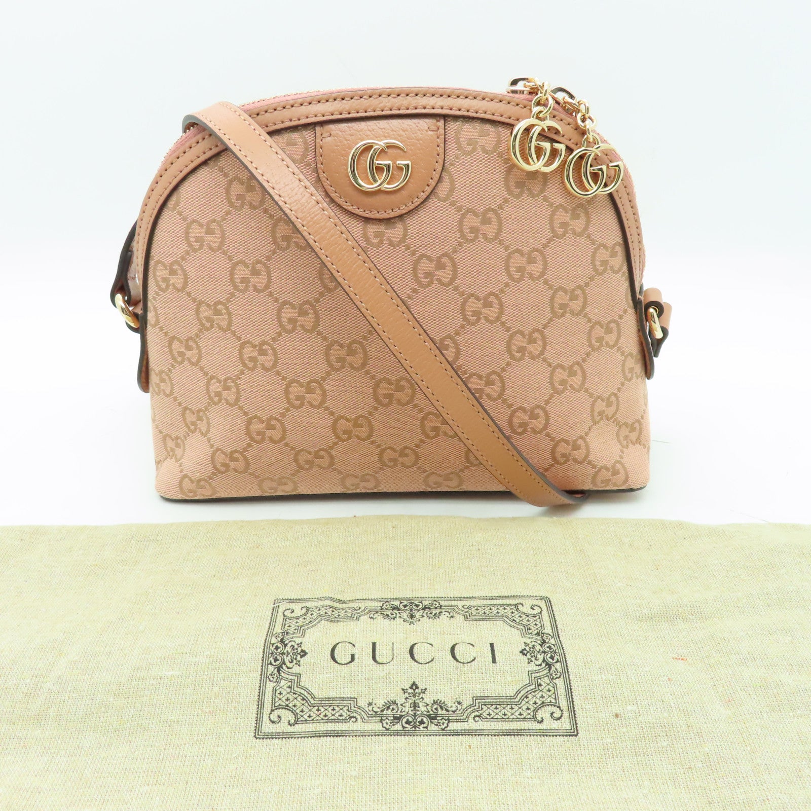 GUCCI 帆布Ophidia GG金扣肩背袋粉紅色