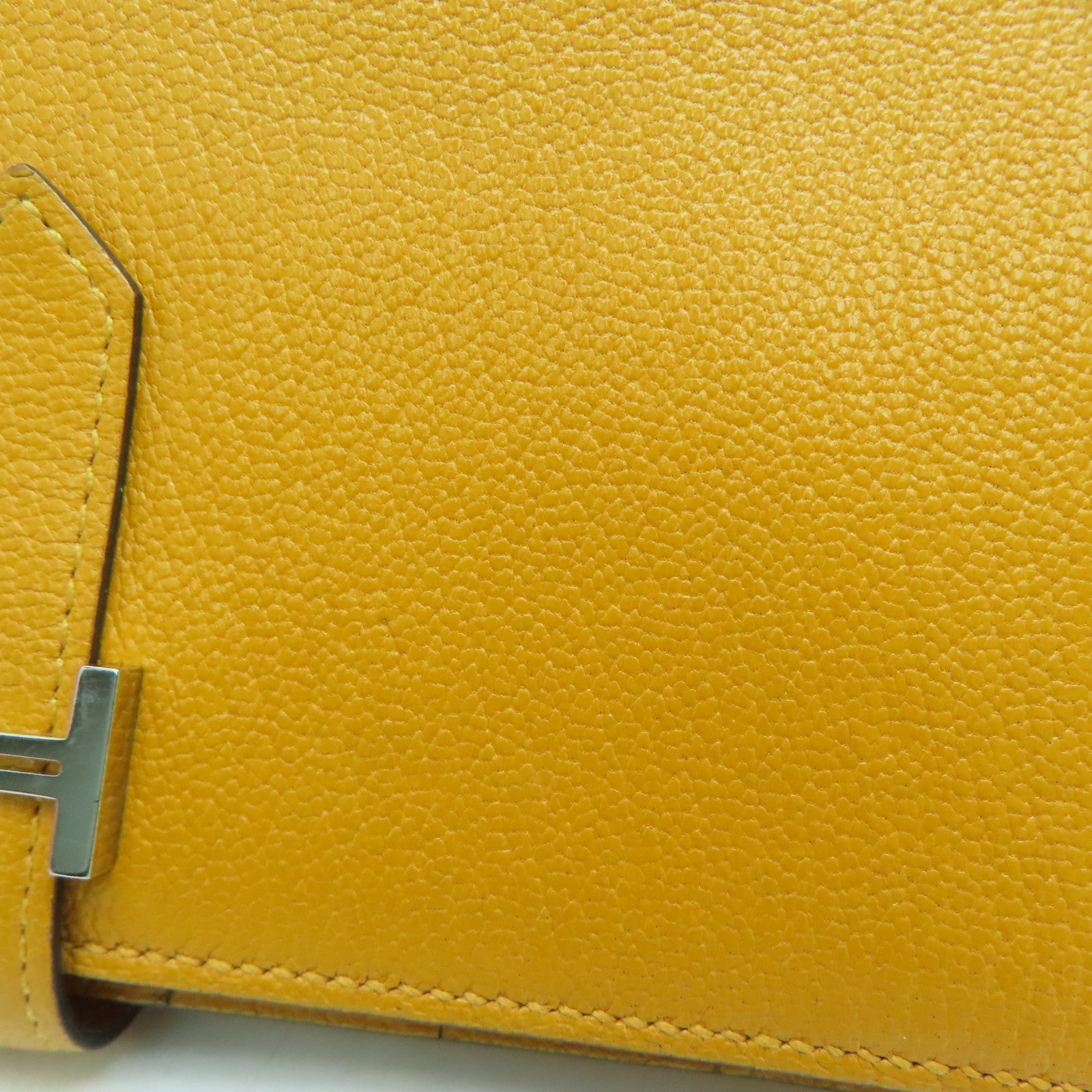 HERMES Chevre皮革Bearn bi-fold银扣长钱包Mango/黄色