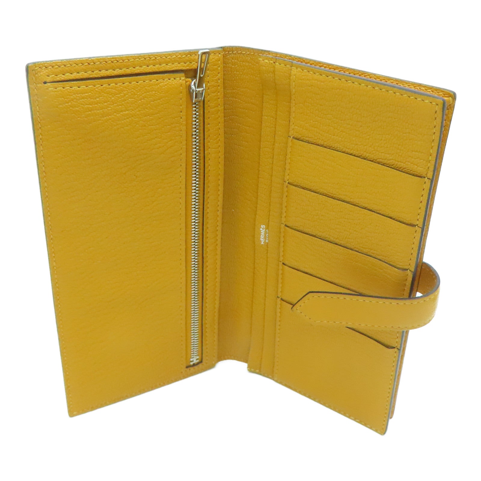 HERMES Chevre皮革Bearn bi-fold银扣长钱包Mango/黄色