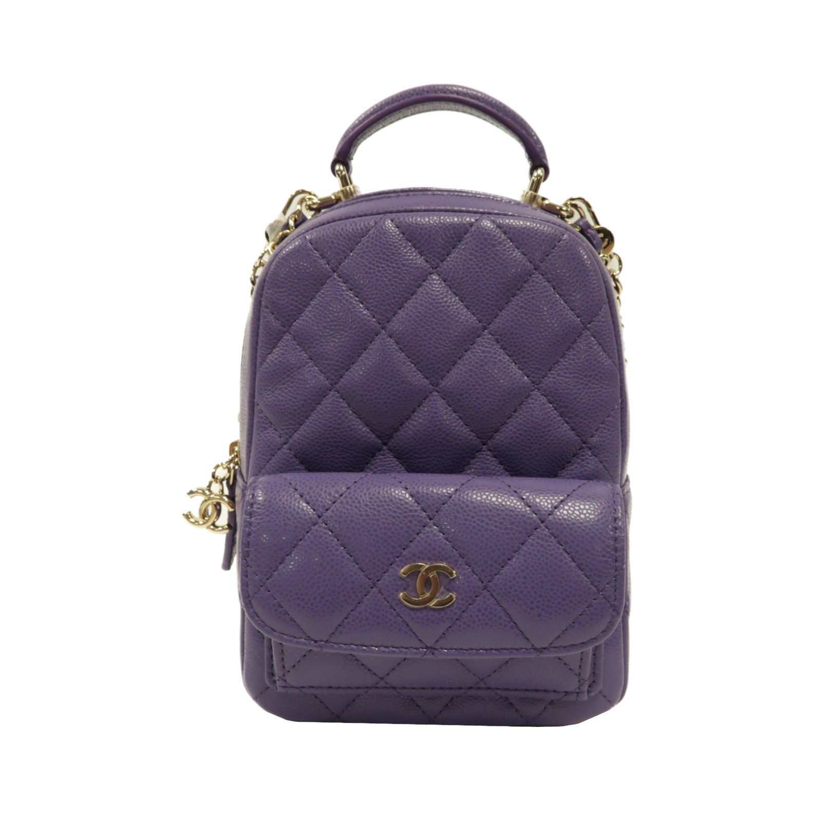 CHANEL 菱格Caviar皮革Backpack銀扣背包紫色