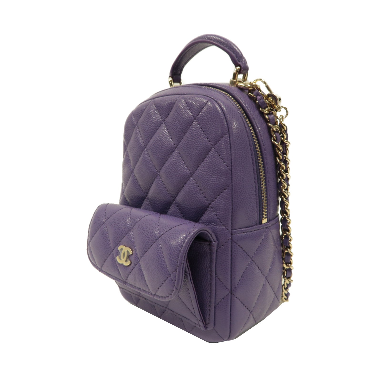 CHANEL 菱格Caviar皮革Backpack銀扣背包紫色
