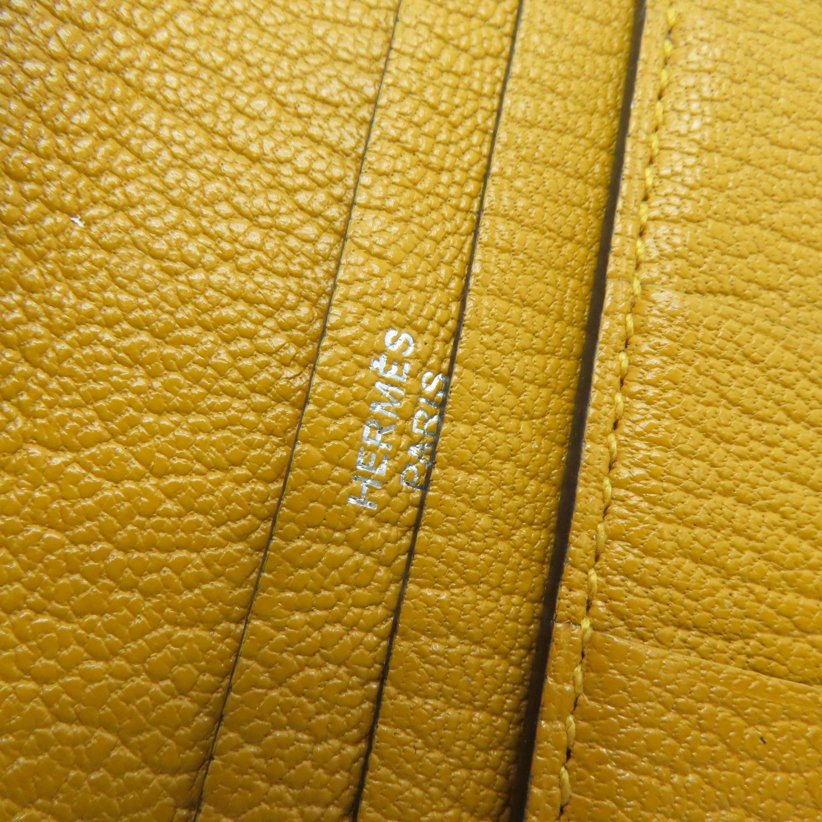 HERMES Chevre皮革Bearn bi-fold银扣长钱包Mango/黄色