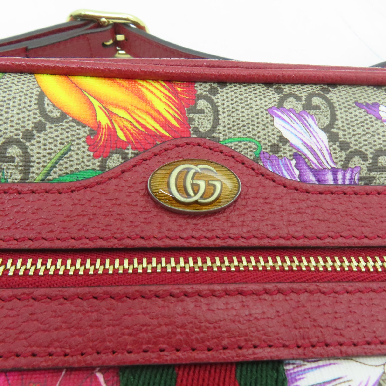 GUCCI 塗層帆布Ophidia GG Supreme Floral Shoulder金扣肩背袋啡色/紅色