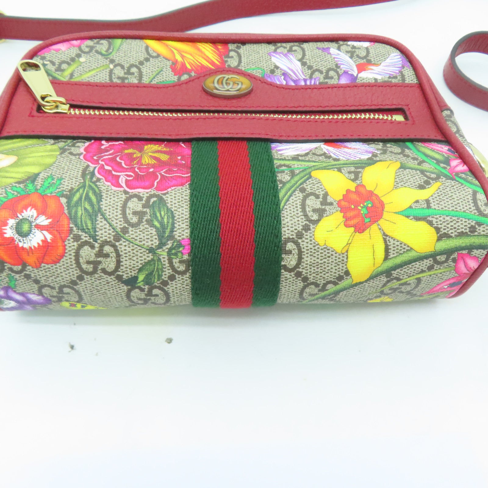 GUCCI 塗層帆布Ophidia GG Supreme Floral Shoulder金扣肩背袋啡色/紅色