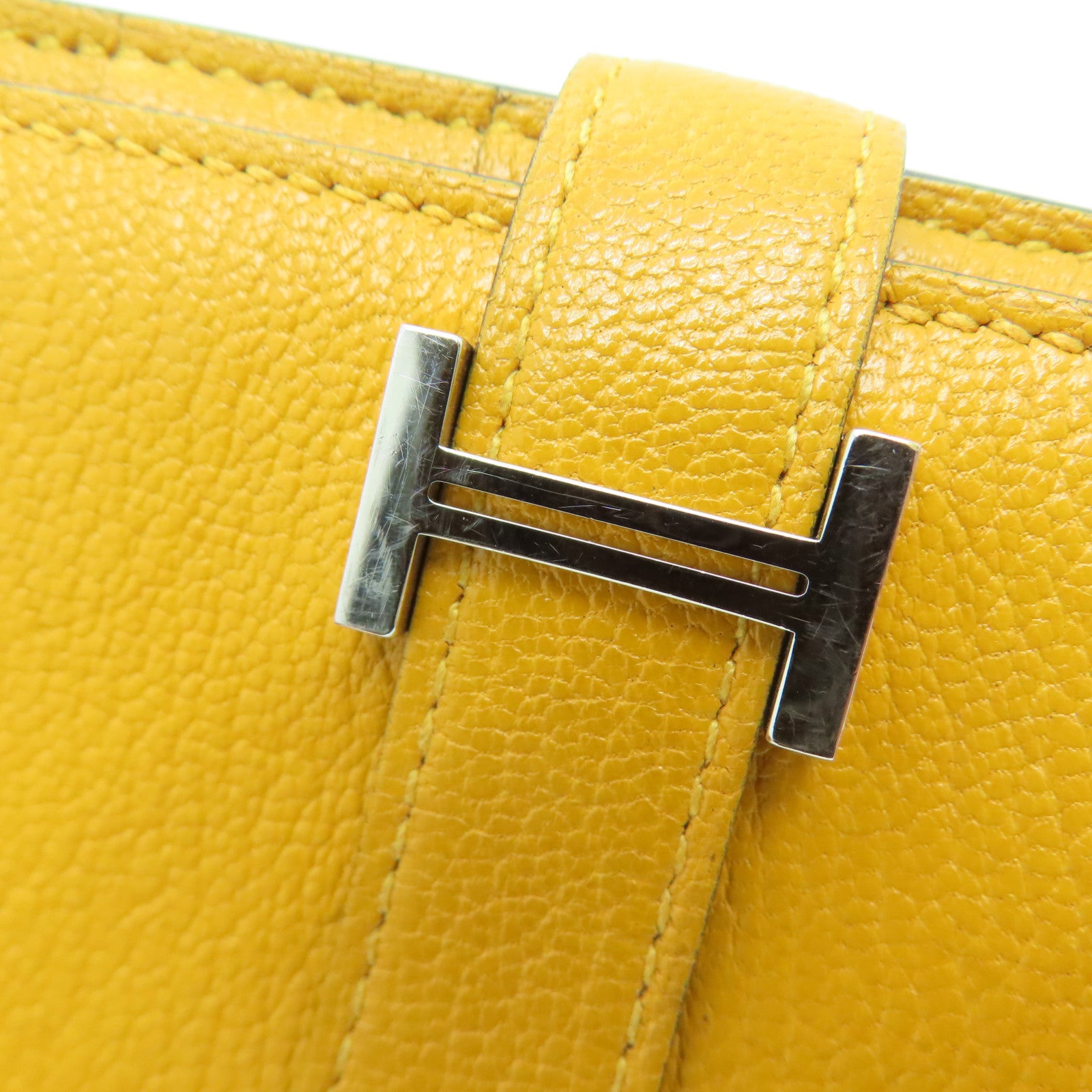 HERMES Chevre皮革Bearn bi-fold银扣长钱包Mango/黄色