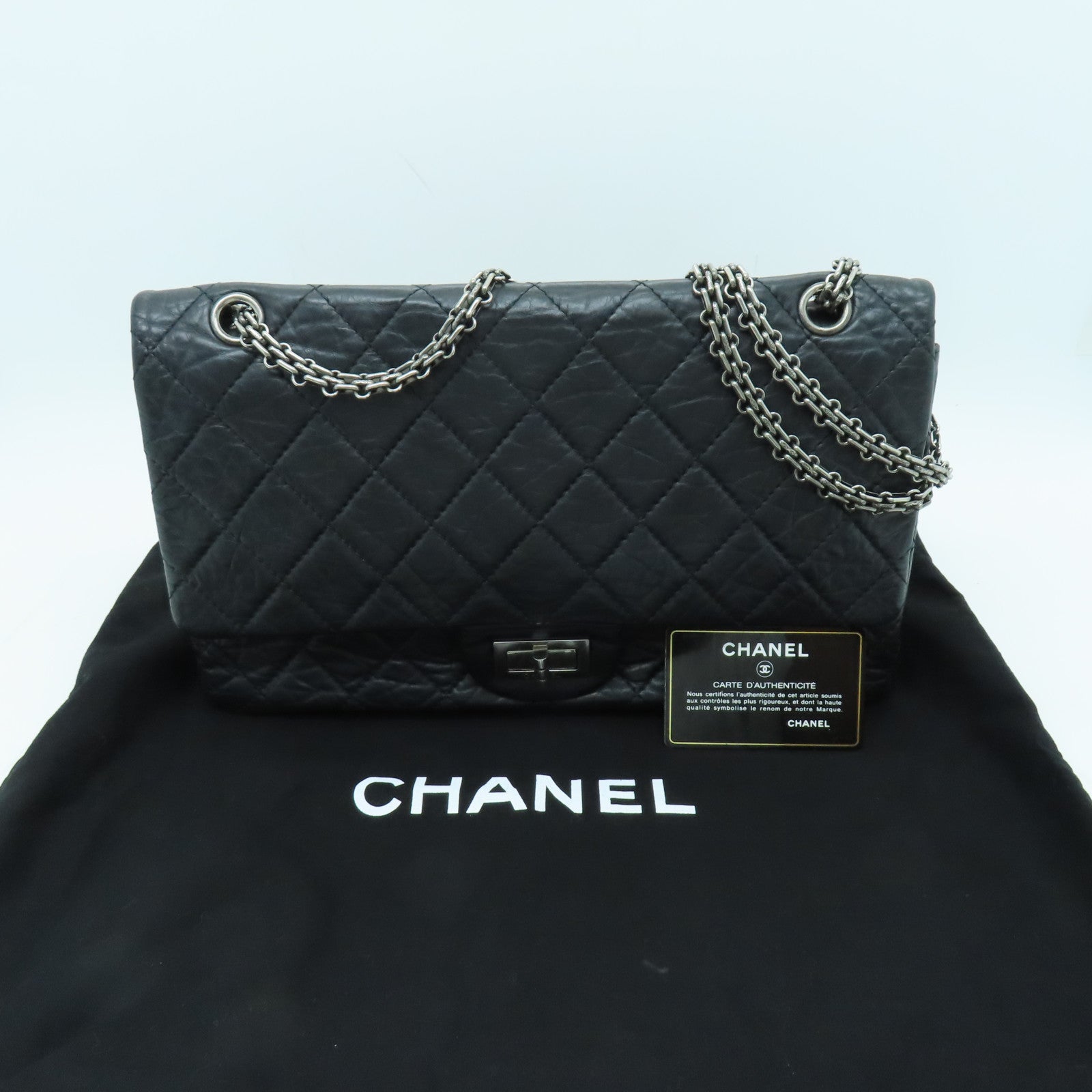 CHANEL 【激減優惠】菱格牛皮皮革2.55銀扣鏈帶肩背袋黑色