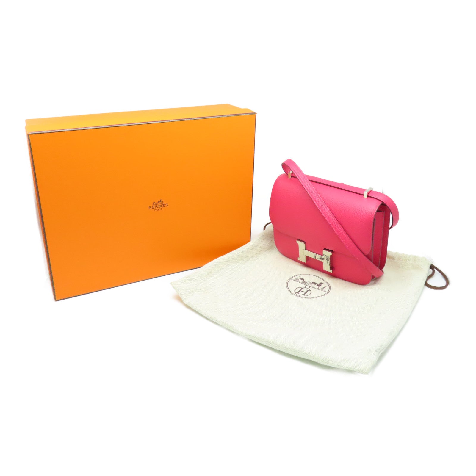 HERMES Epsom皮革Constance Mini银扣手挽肩背两用袋极致粉色