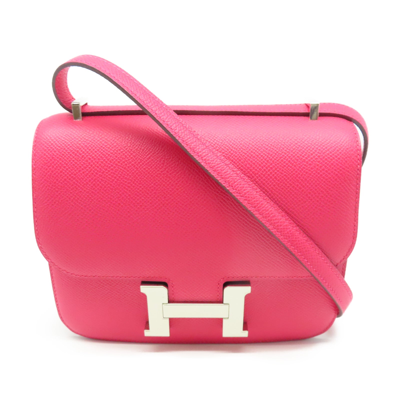 HERMES Epsom皮革Constance Mini银扣手挽肩背两用袋极致粉色