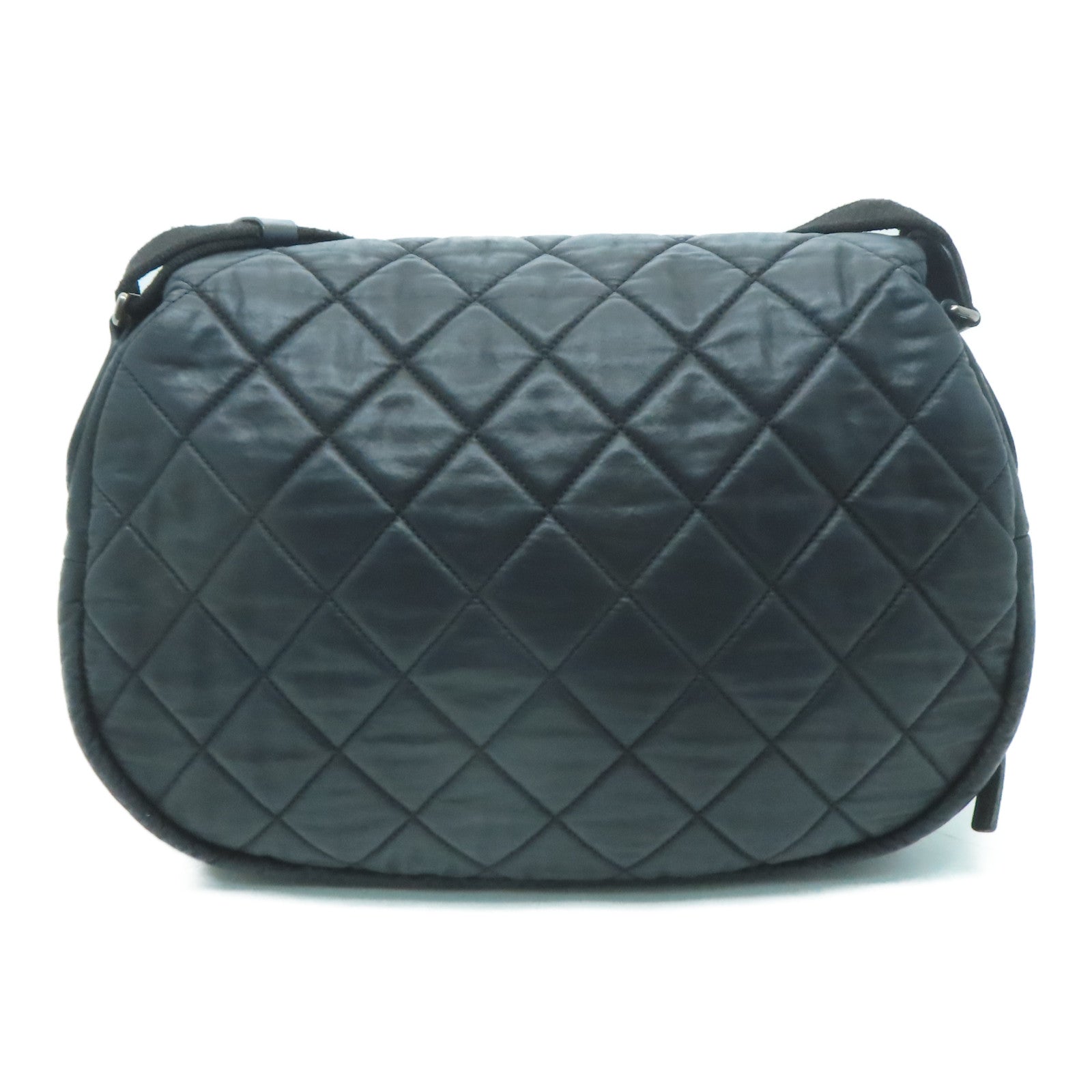 CHANEL 菱格尼龍Shoulder Bag銀扣肩背袋黑色
