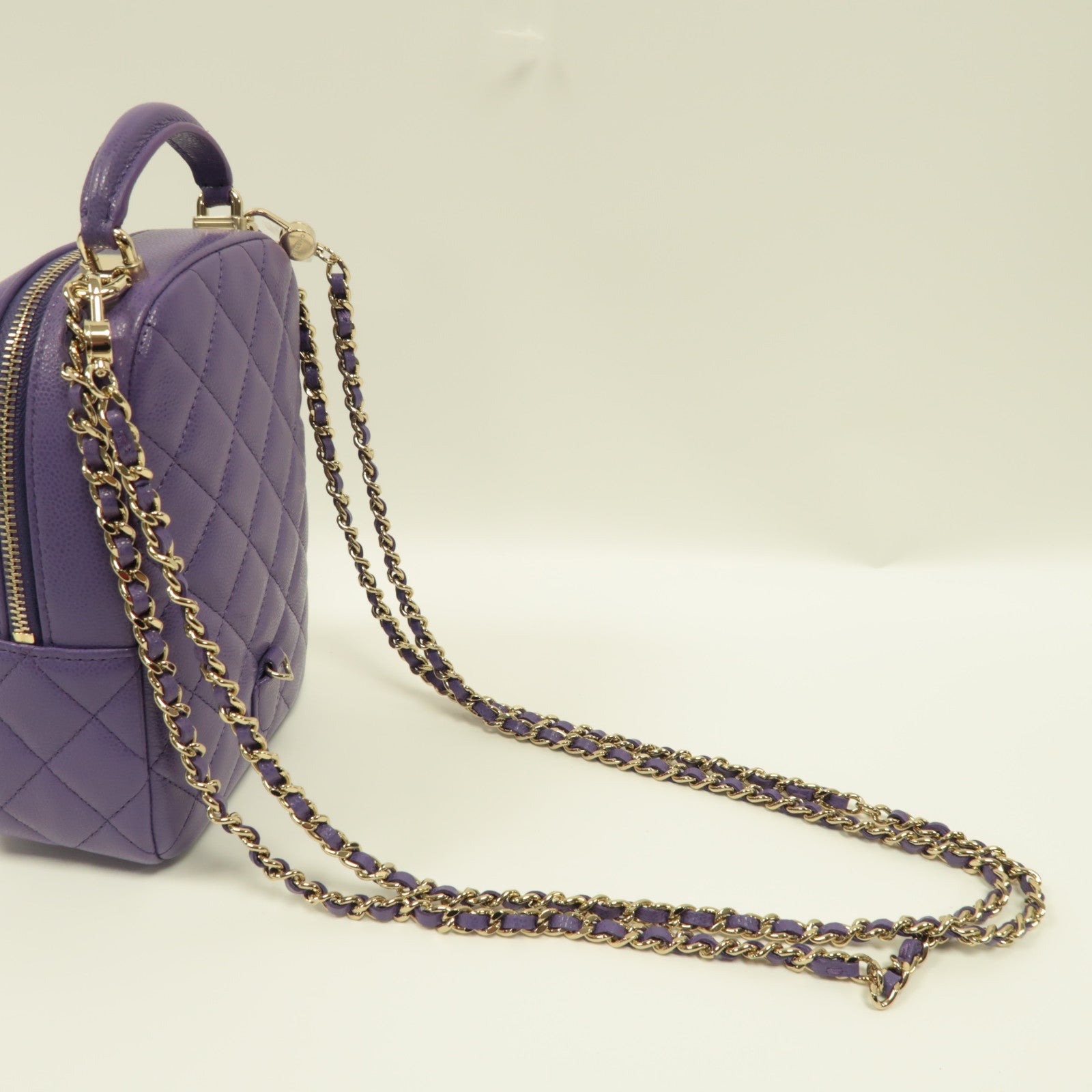 CHANEL 菱格Caviar皮革Backpack銀扣背包紫色