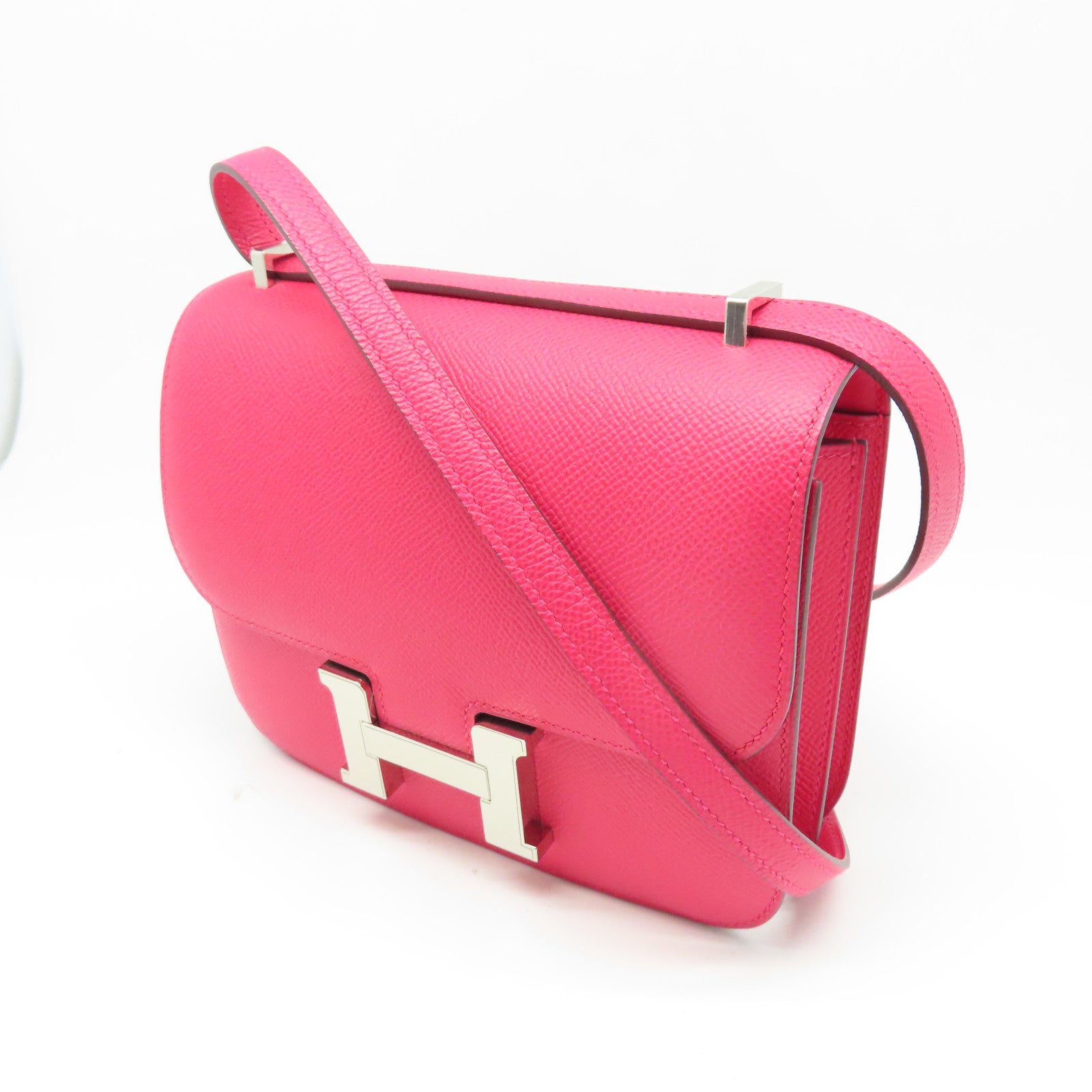HERMES Epsom皮革Constance Mini银扣手挽肩背两用袋极致粉色