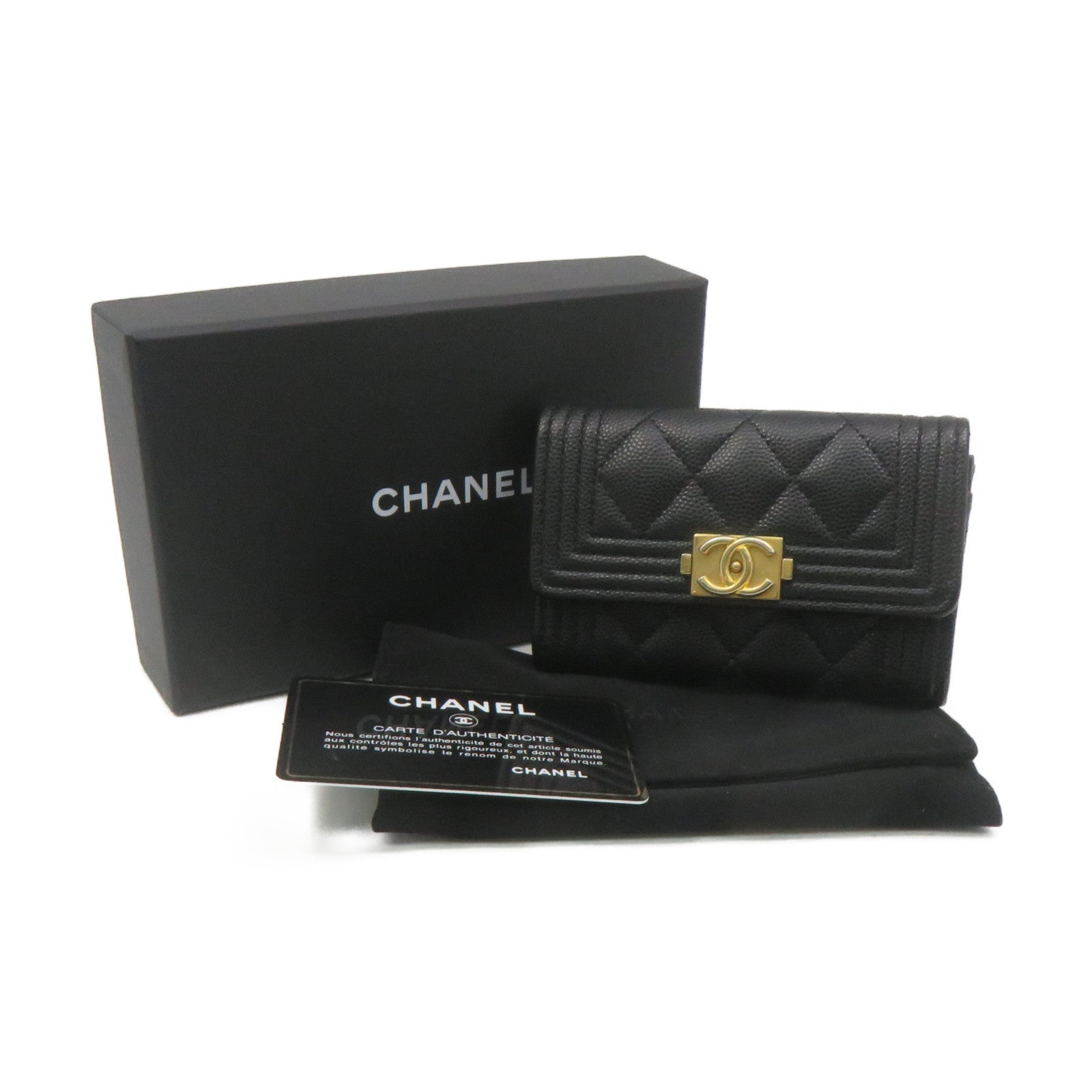 CHANEL 菱格Caviar皮革Card Case金扣卡套黑色