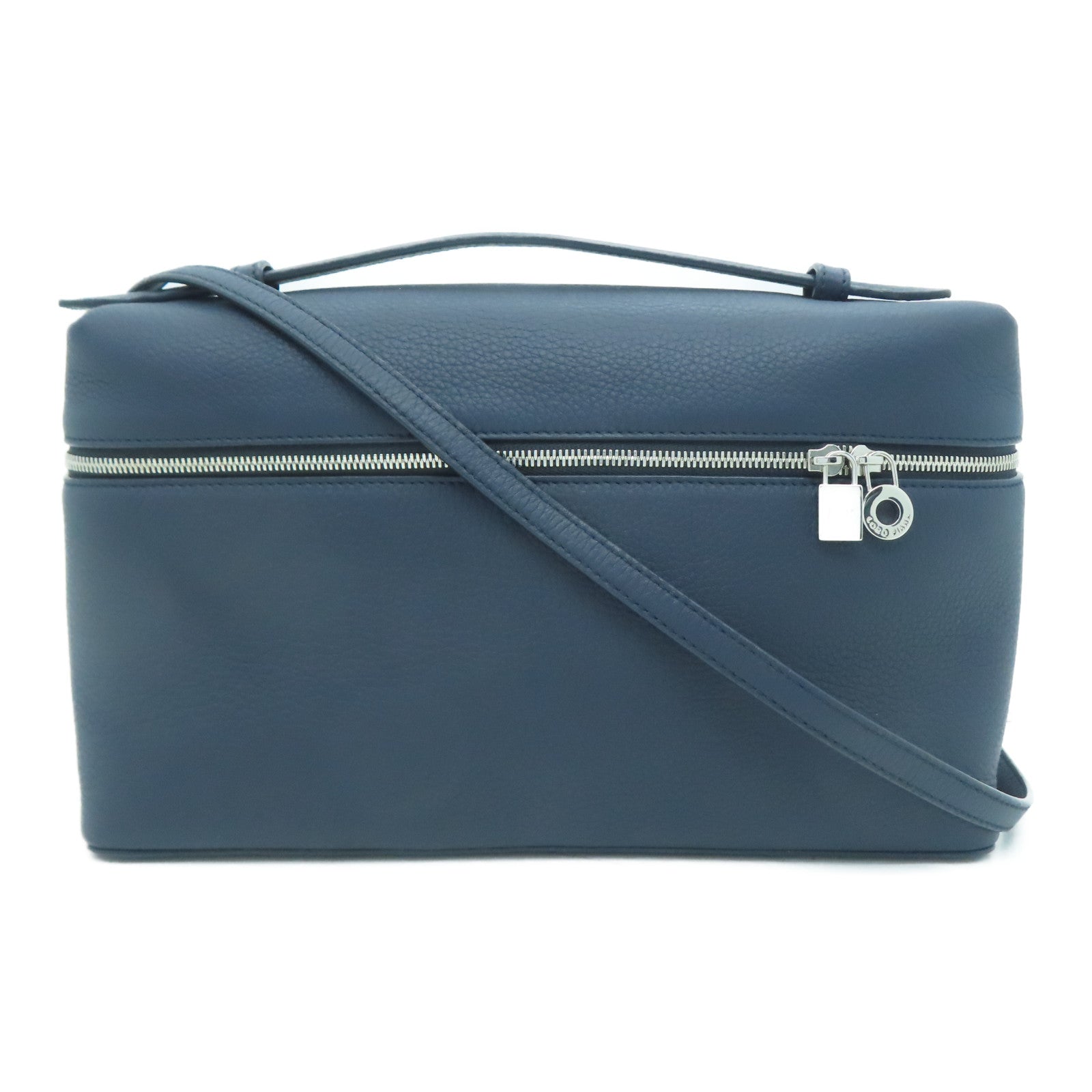 Loro Piana 牛皮皮革Extra Pocket L27銀扣手挽肩背兩用袋深藍色
