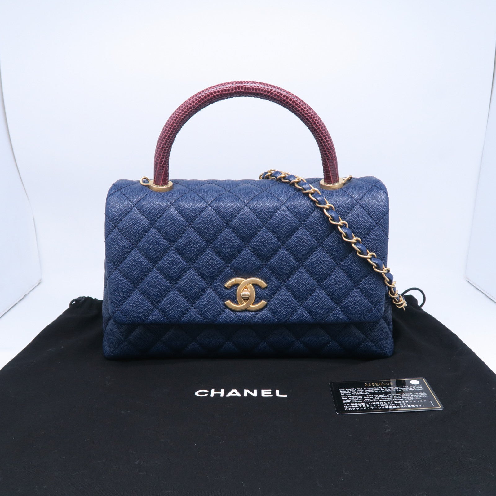 CHANEL Caviar皮革/蜥蝪皮革CoCo Handle金扣手挽肩背两用袋蓝色