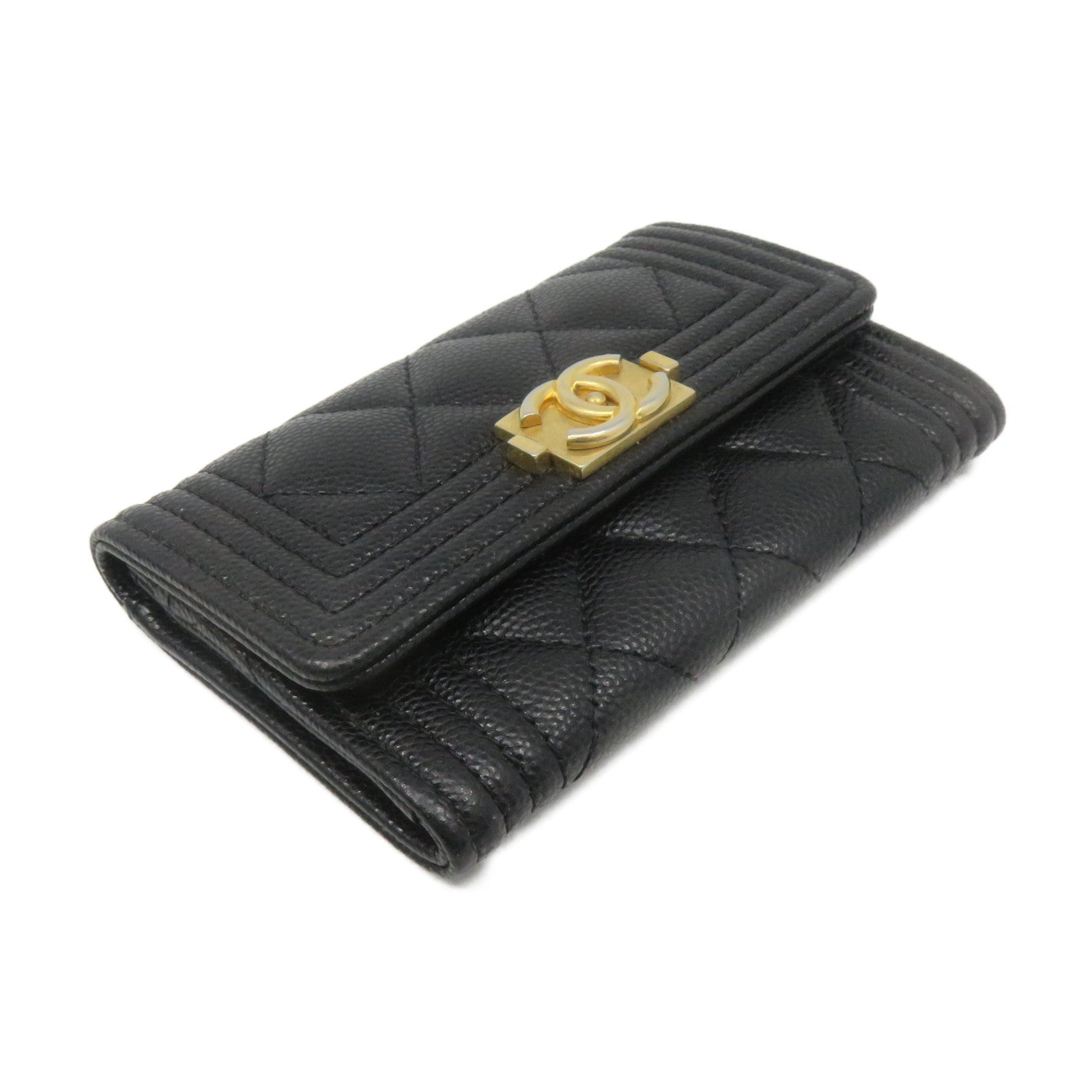 CHANEL 菱格Caviar皮革Card Case金扣卡套黑色