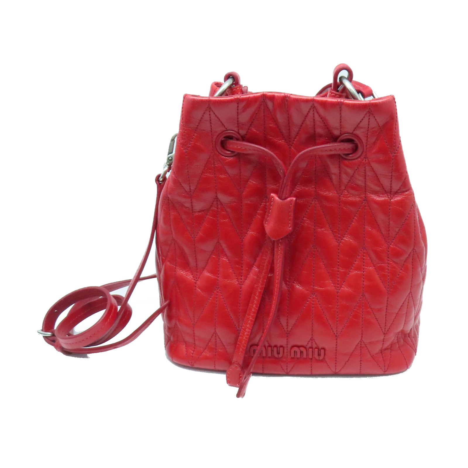 Miu Miu 牛皮皮革Bucket Bag Shoulder Bag银扣肩背袋红色