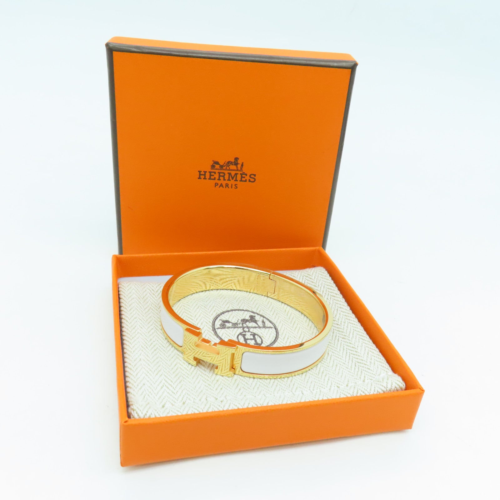 HERMES 金属/珐琅H Bangle金扣白色