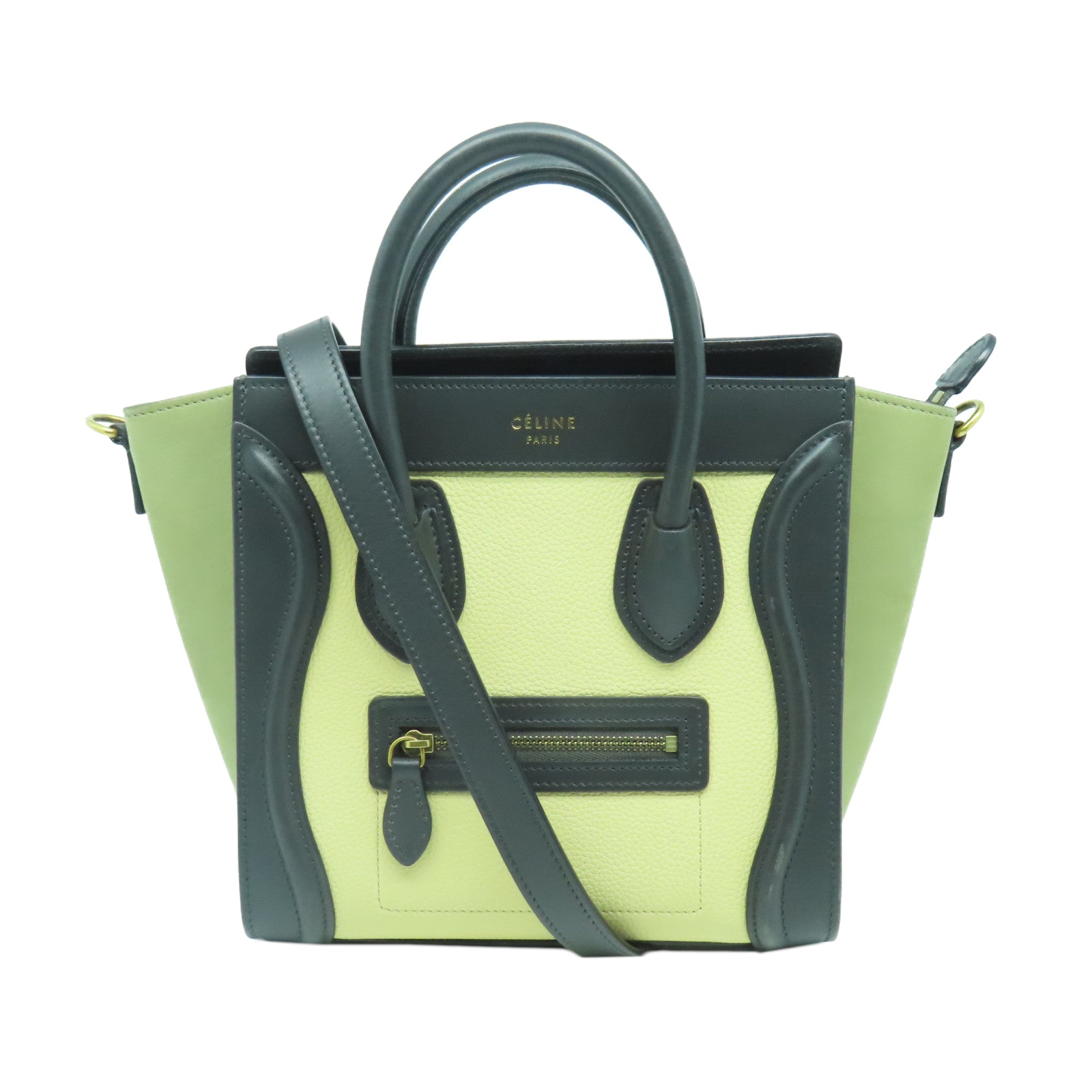 CELINE 牛皮皮革Nano Luggage金扣手挽肩背兩用袋黃色/黑色/綠色