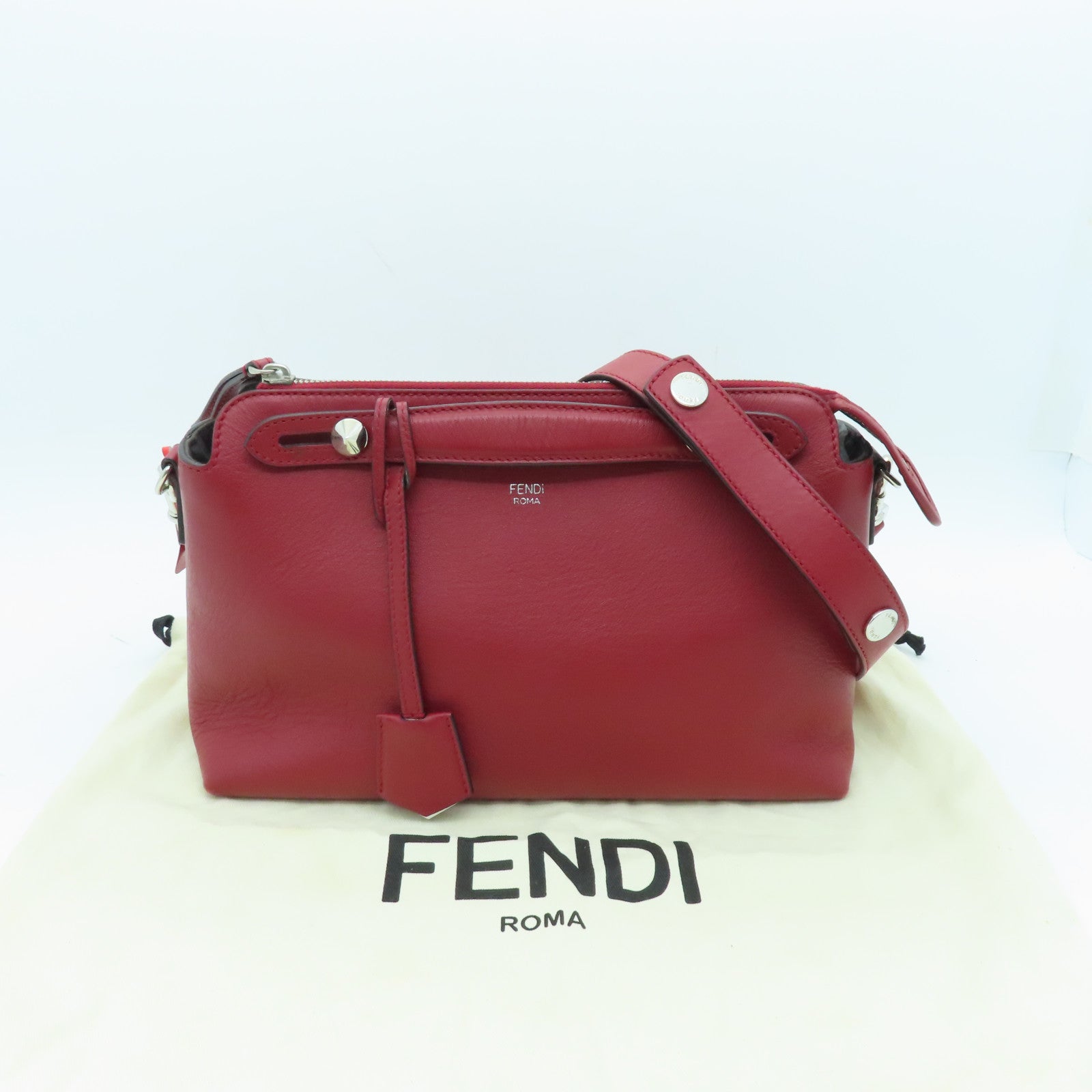 FENDI Cowhide Leather By The Way Silver Buckle Handle Shoulder Bag Red