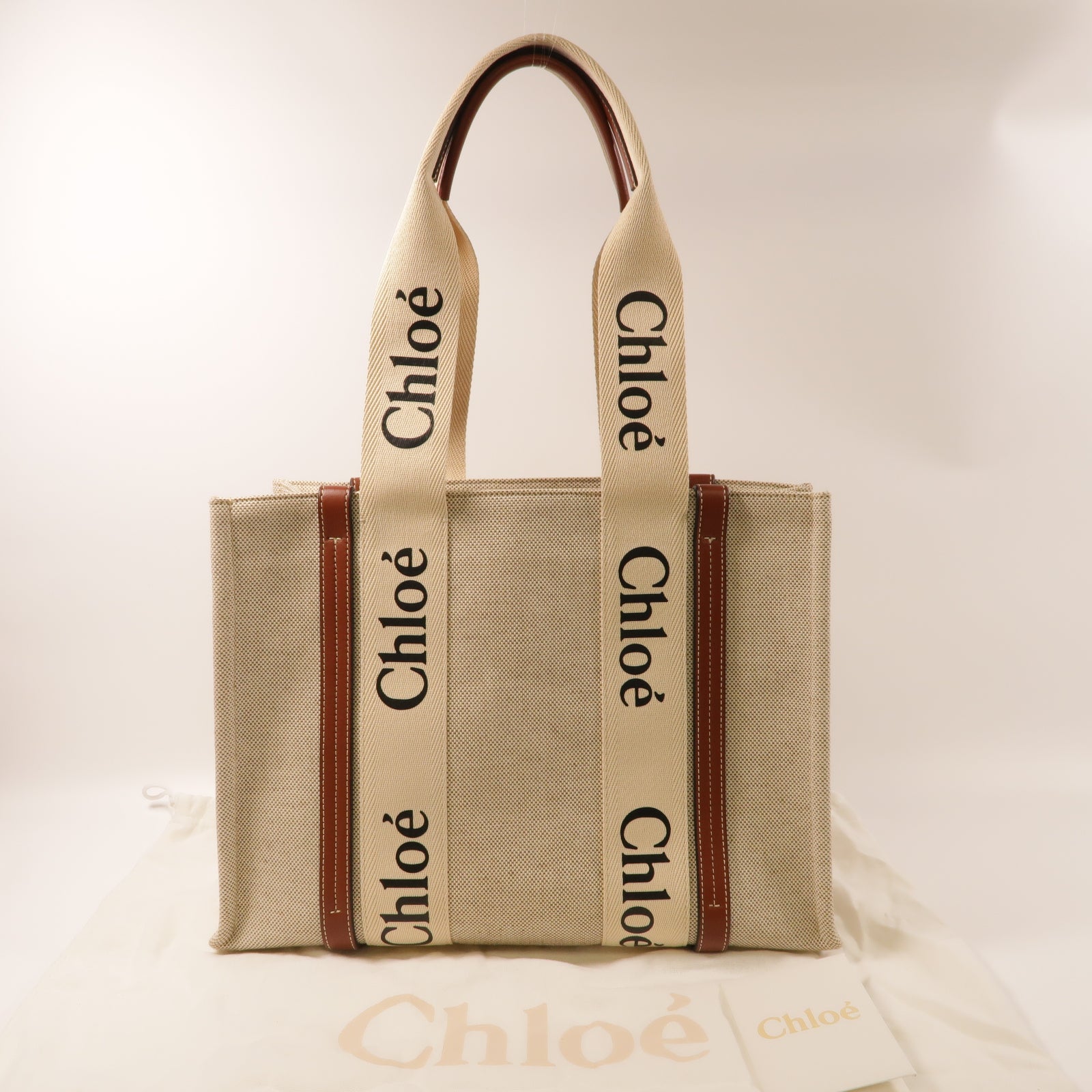 Chloe 帆布/牛皮皮革Medium Woody Tote Bag手挽袋米色/啡色