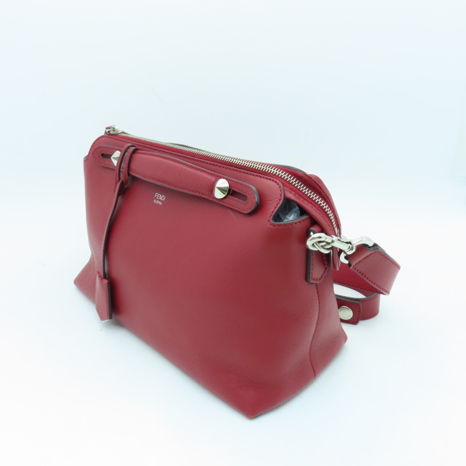 FENDI Cowhide Leather By The Way Silver Buckle Handle Shoulder Bag Red