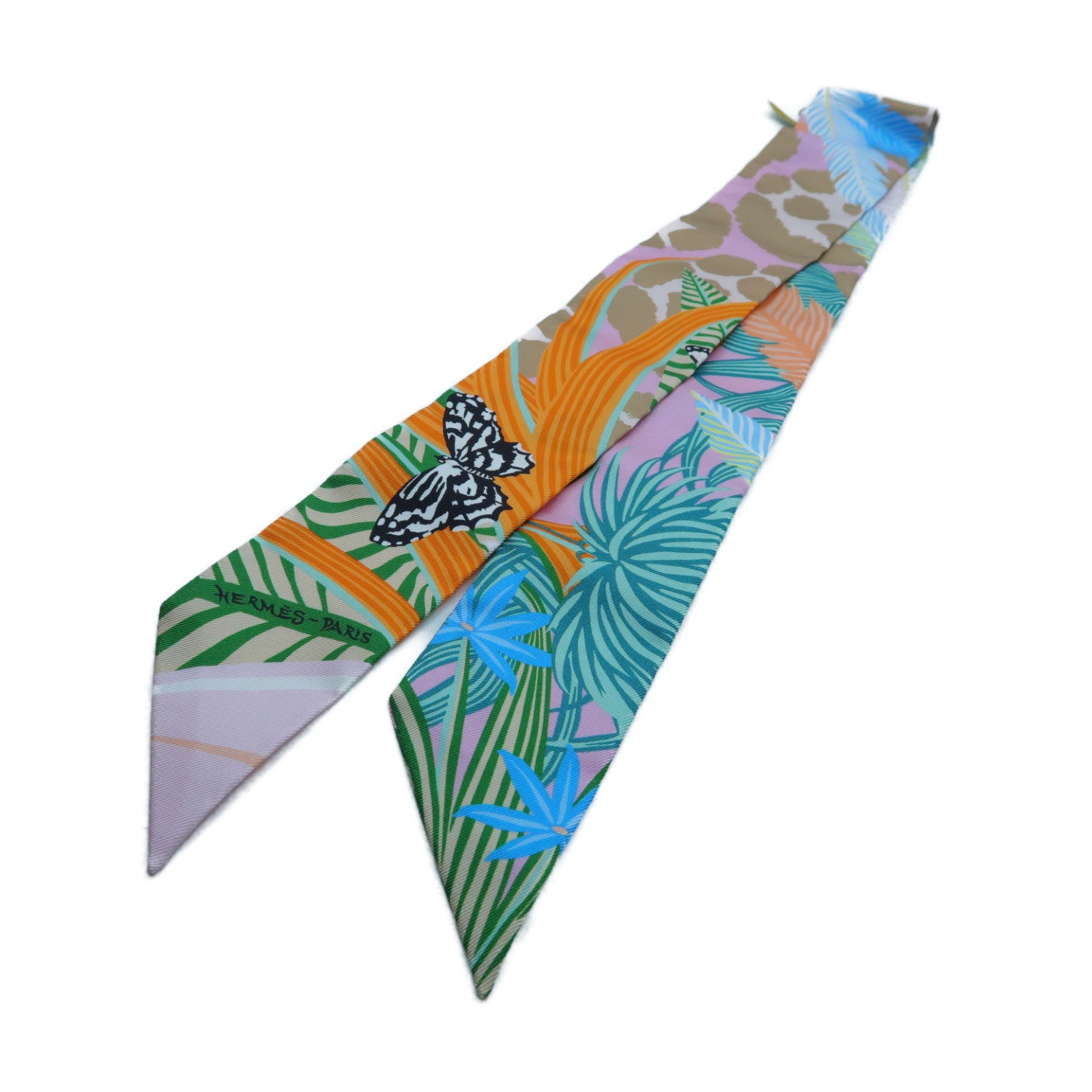 HERMES 絲質Twilly絲巾橙色/粉紅色/綠色