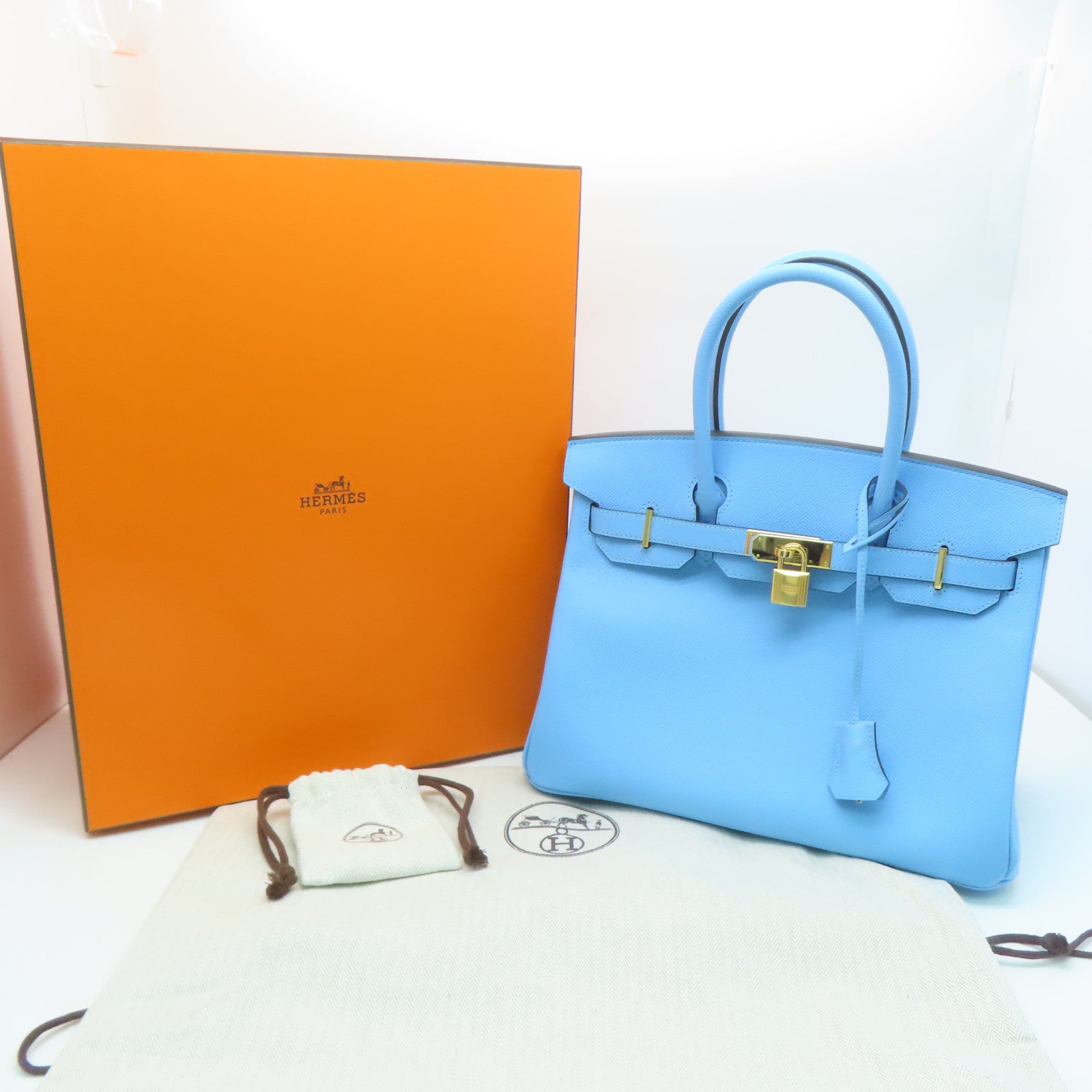 HERMES Veau Epsom皮革Birkin 30金扣手挽袋水蓝色