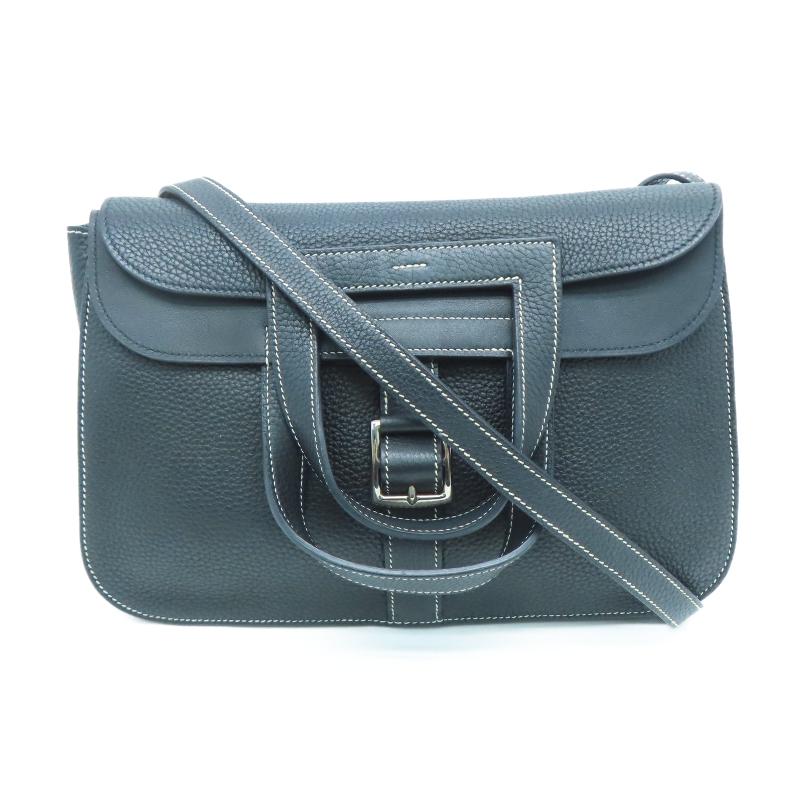 HERMES Taurillon Clemence皮革Halzan 31银扣手挽肩背两用袋黑色