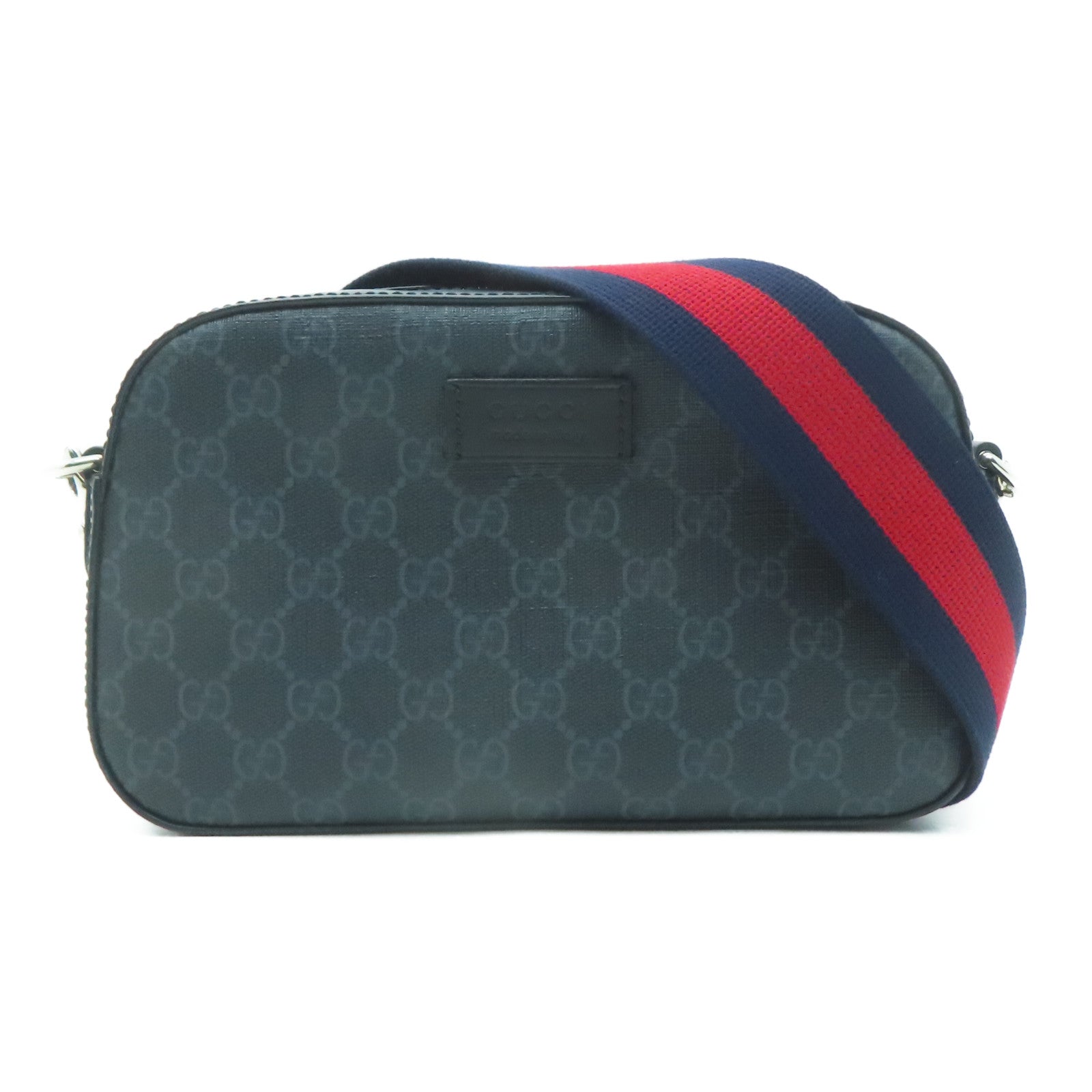 GUCCI 塗層帆布GG Supreme Shoulder Bag銀扣肩背袋黑色