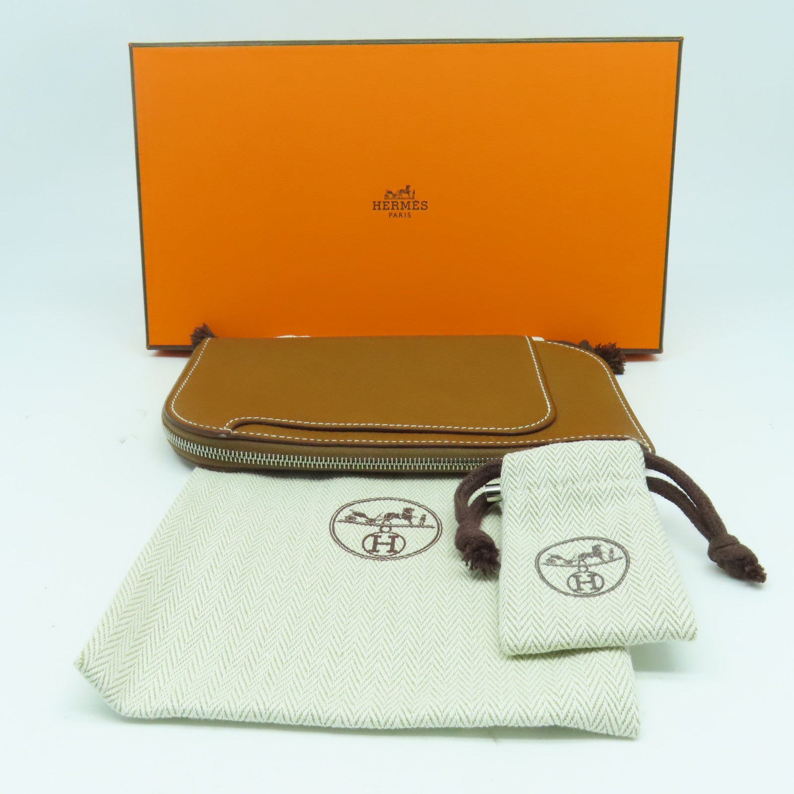 HERMES Evercolor皮革Strap GM Phone Case銀扣手機套Gold經典駝色