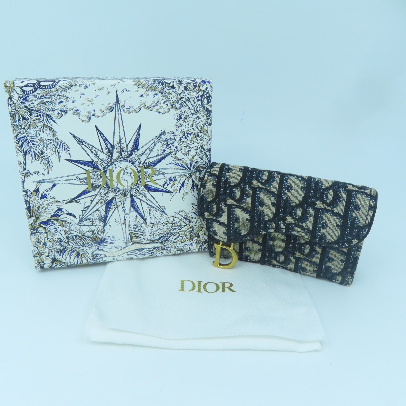 Dior 帆布Card Holder金扣卡片套藍色/米色