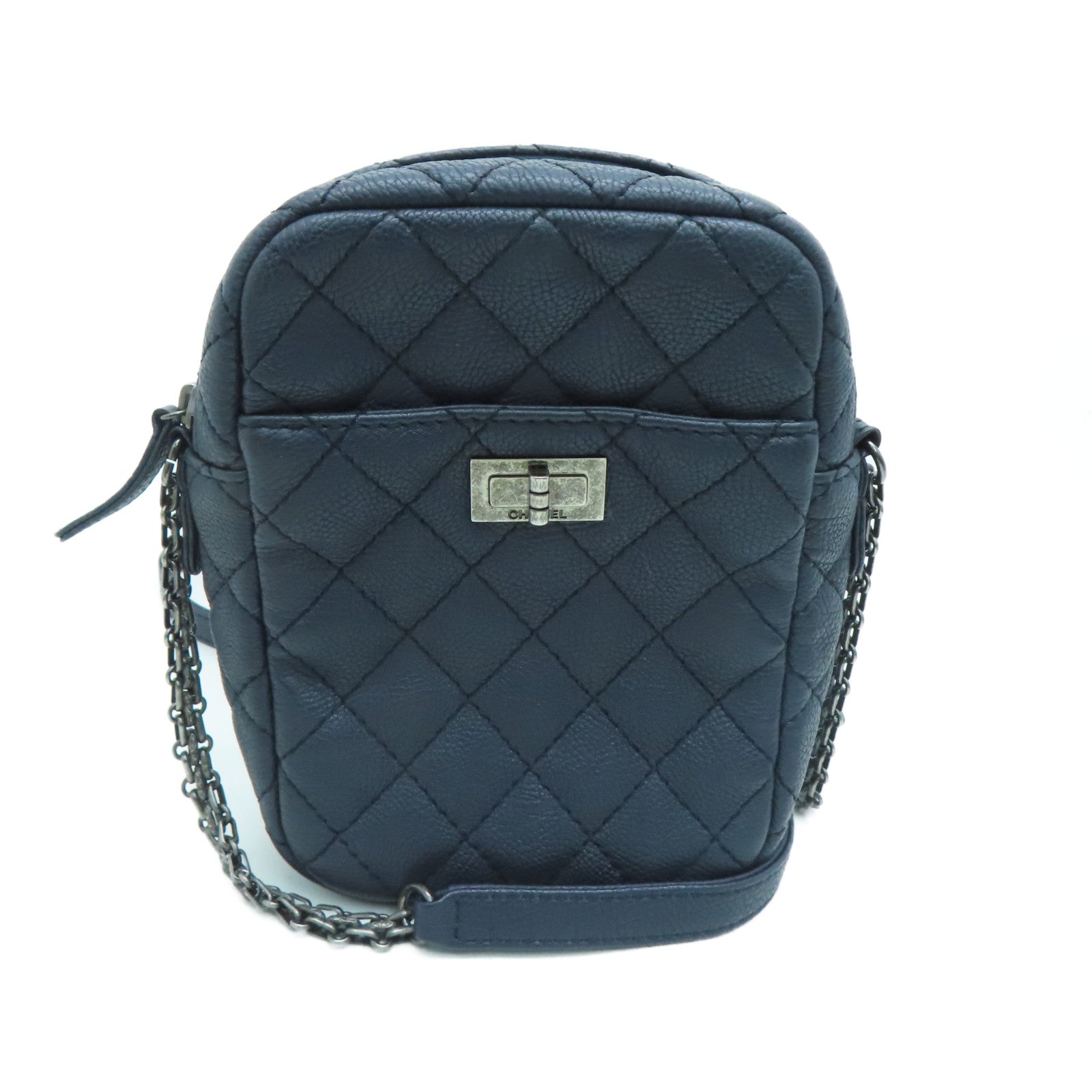 CHANEL 菱格牛皮皮革2.55银扣肩背袋蓝色