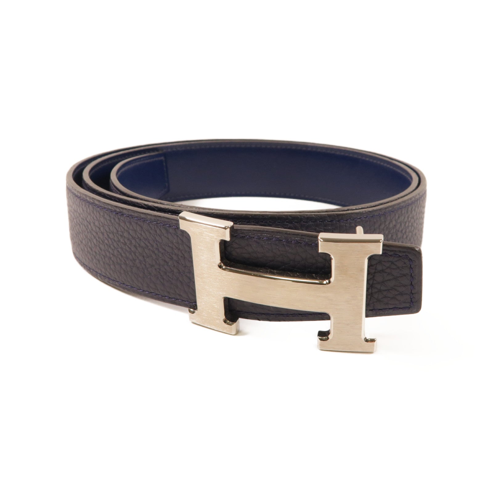 HERMES Clemence皮革Belt銀扣皮帶深藍色
