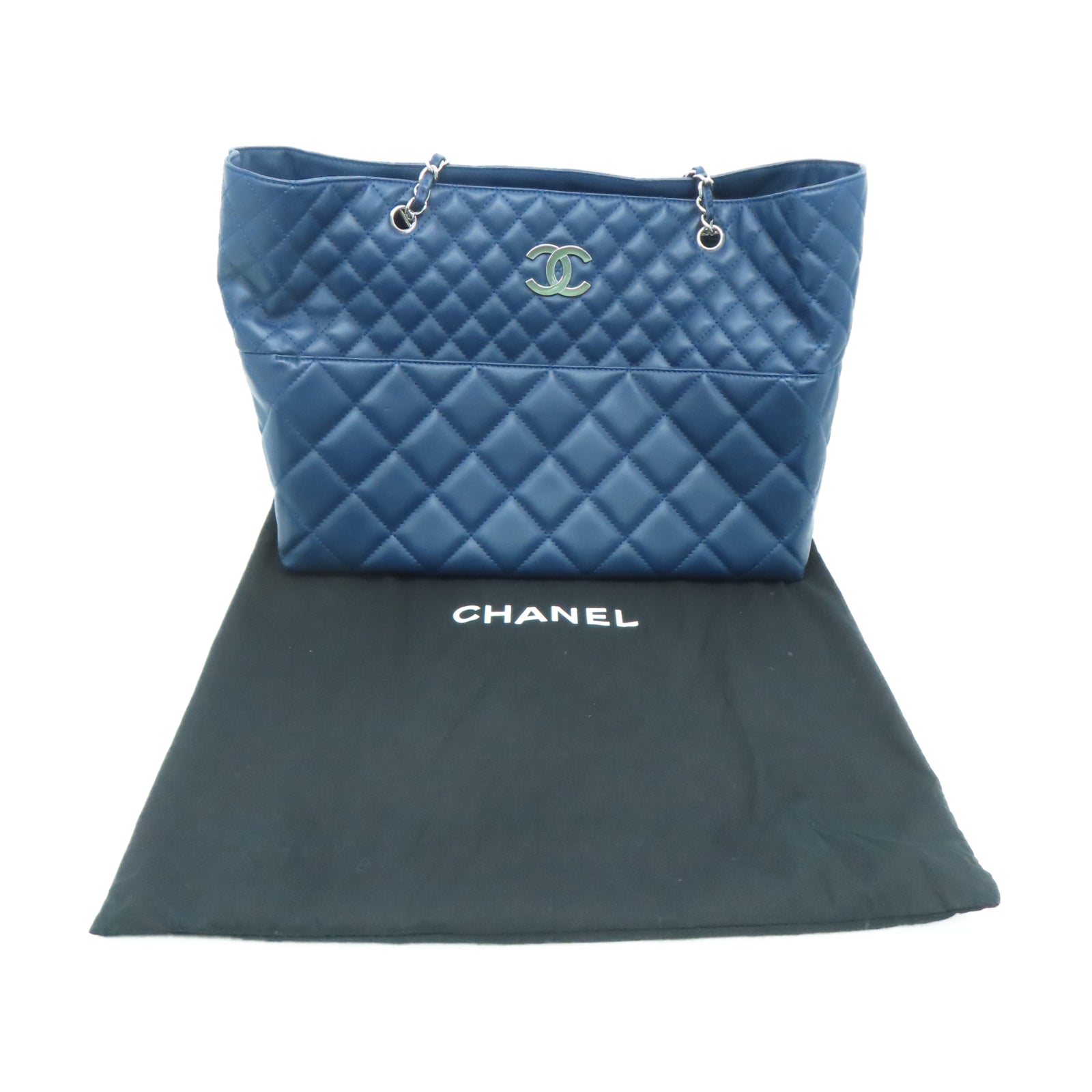 CHANEL 菱格牛皮皮革Chain Shoulder Tote银扣链带肩背袋蓝色
