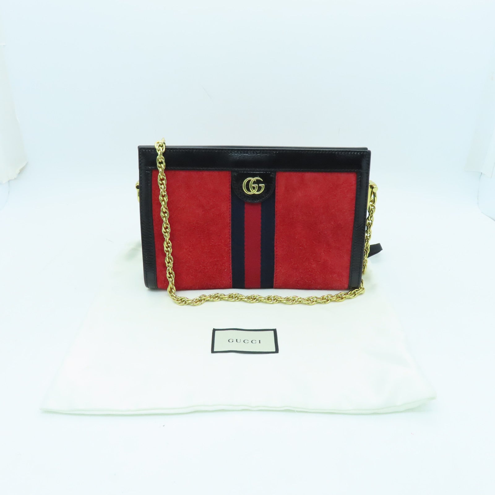GUCCI suede leather / cowhide leather Ophidia gold buckle chain shoulder bag red / black