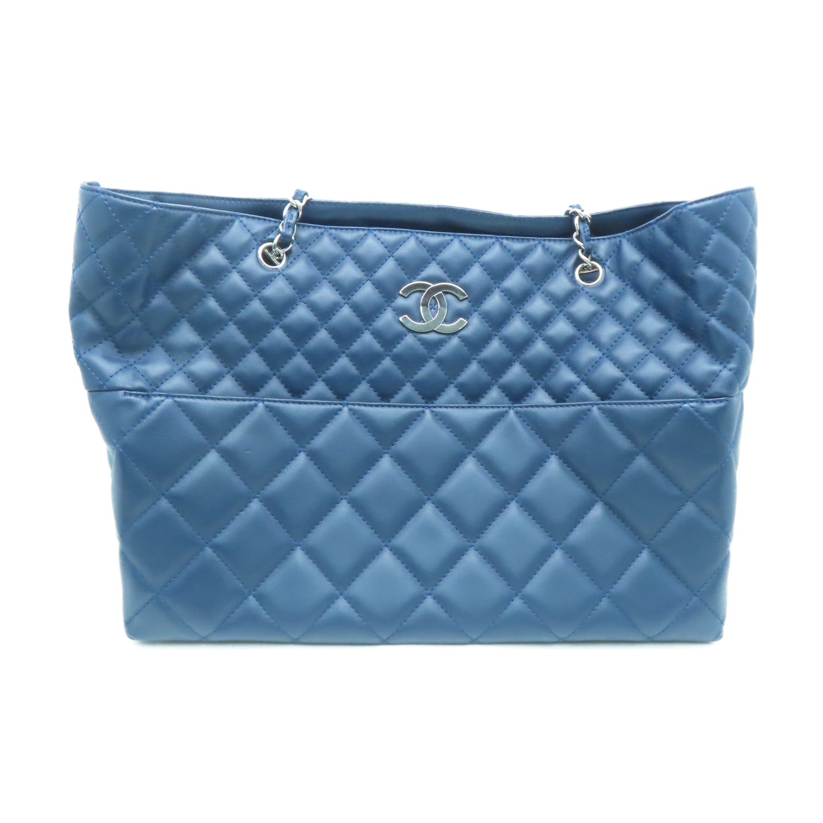 CHANEL 菱格牛皮皮革Chain Shoulder Tote银扣链带肩背袋蓝色