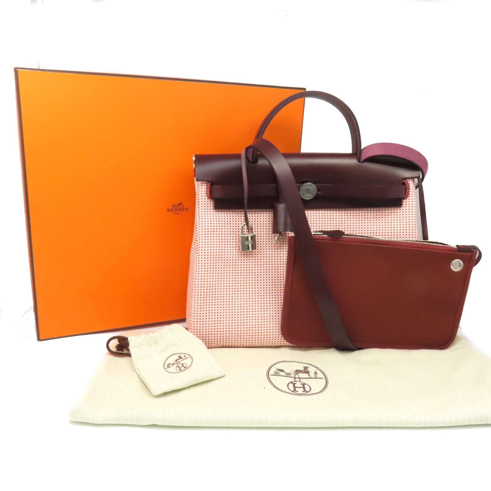HERMES 帆布Herbag PM 2Way Shoulder Bag銀扣手挽肩背兩用袋紅色/粉紅色
