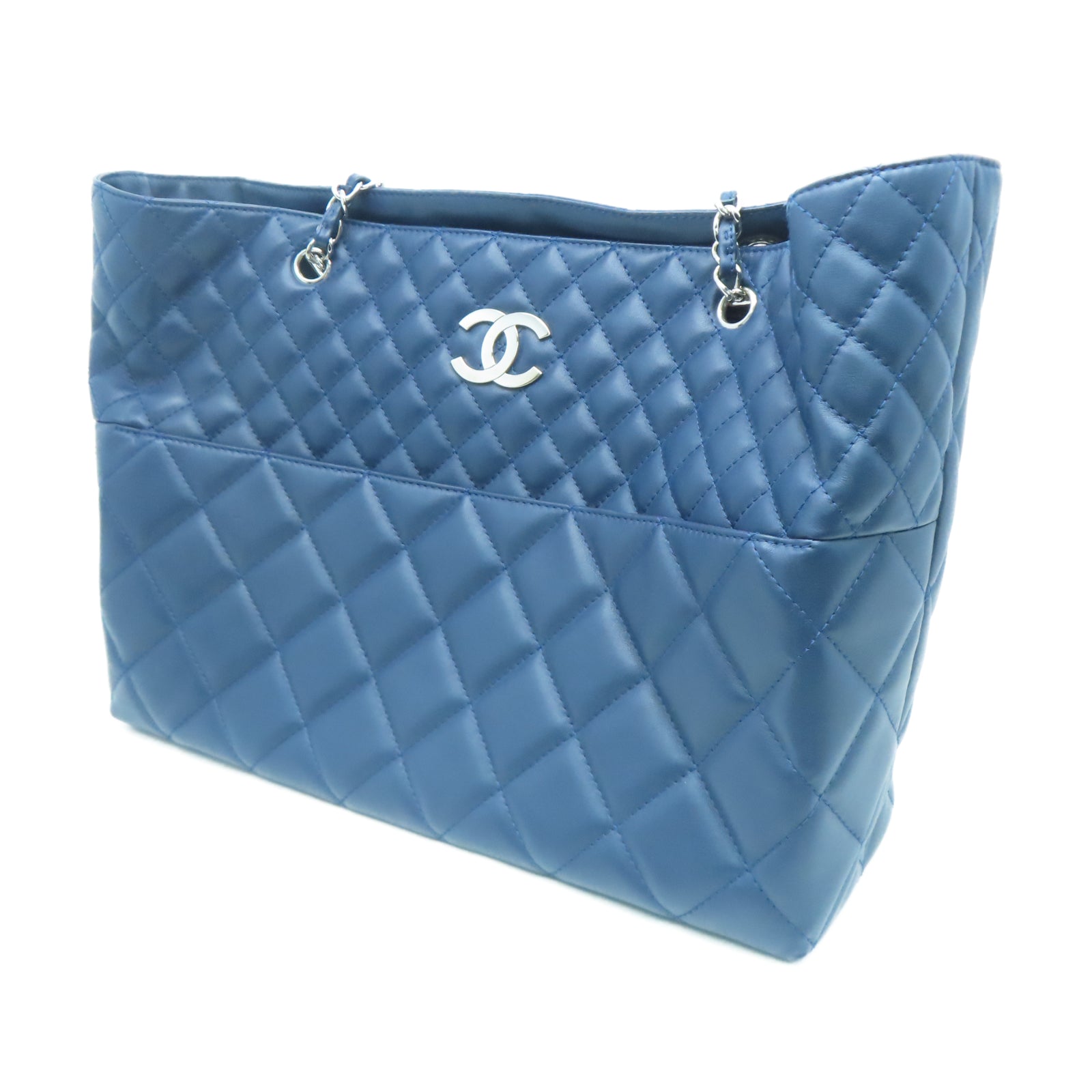 CHANEL 菱格牛皮皮革Chain Shoulder Tote银扣链带肩背袋蓝色