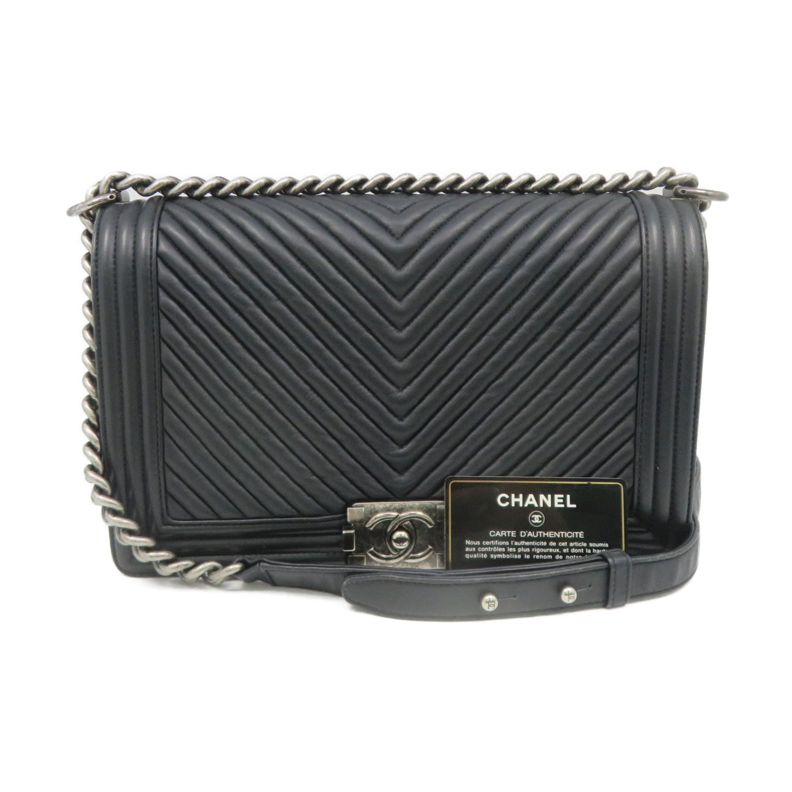 CHANEL 斜紋牛皮皮革Boy Chanel Chain Shoulder Bag銀扣鏈帶肩背袋