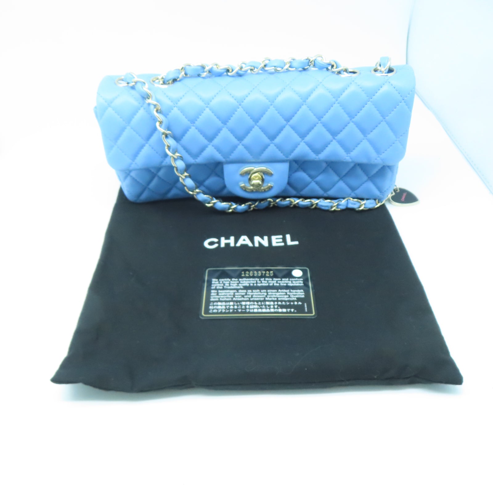 CHANEL 菱格牛皮皮革Chain Shoulder金扣鏈帶肩背袋藍色