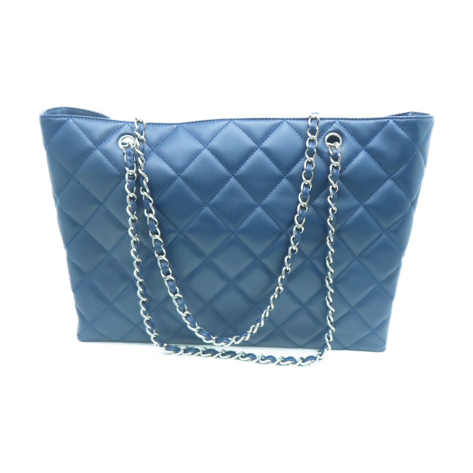 CHANEL 菱格牛皮皮革Chain Shoulder Tote银扣链带肩背袋蓝色