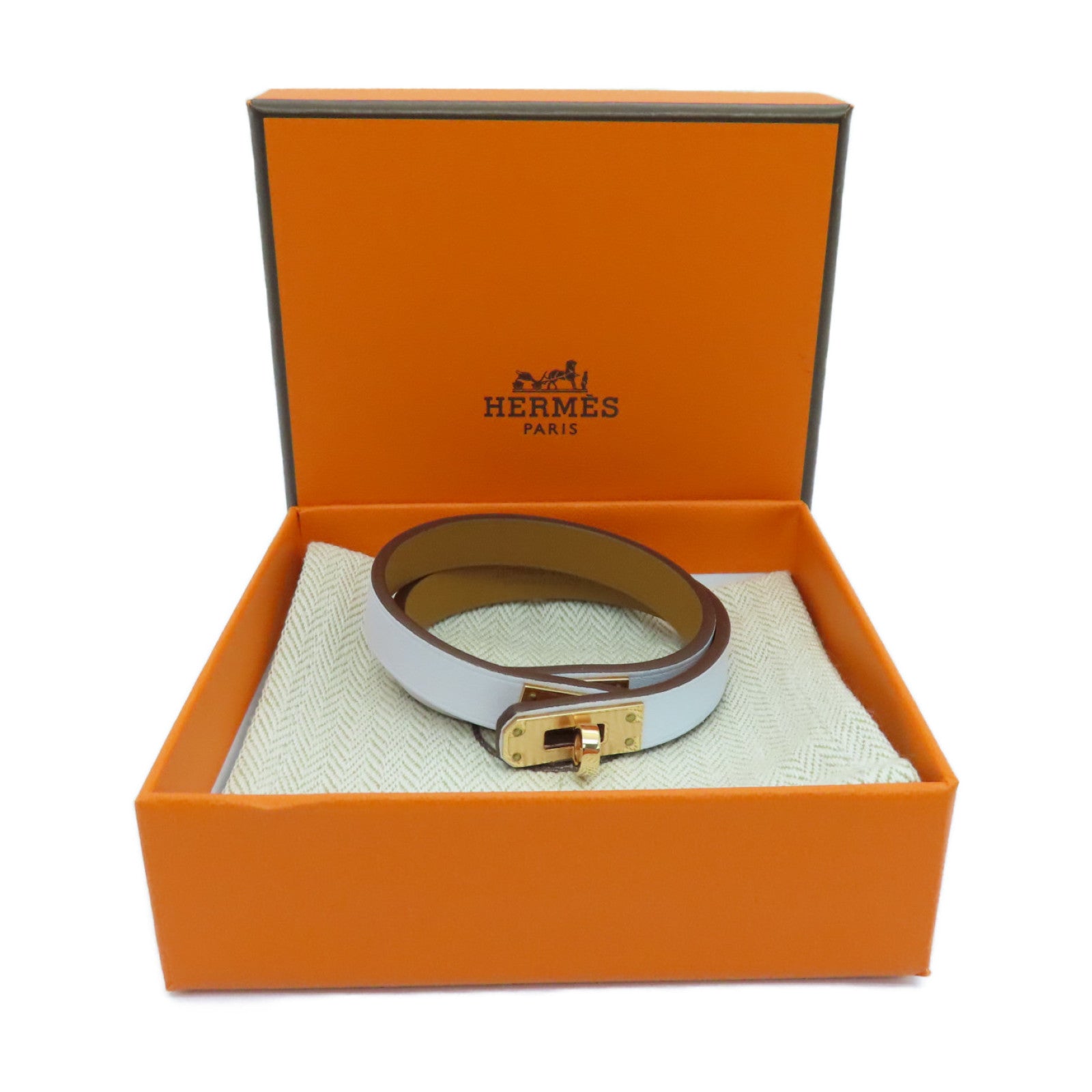 HERMES Swift Leather Mini Kelly Double Tour Gold Buckle Bracelet Bleu Brume Light Blue