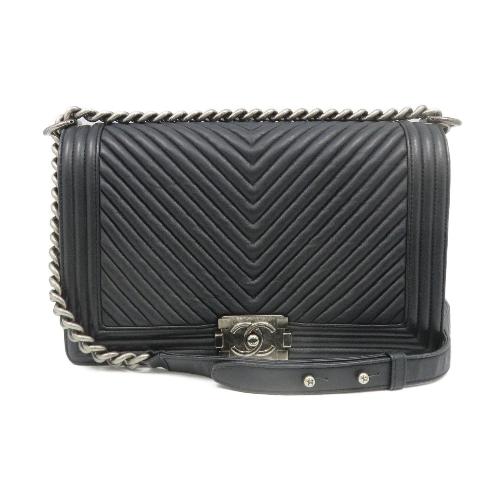 CHANEL 斜紋牛皮皮革Boy Chanel Chain Shoulder Bag銀扣鏈帶肩背袋